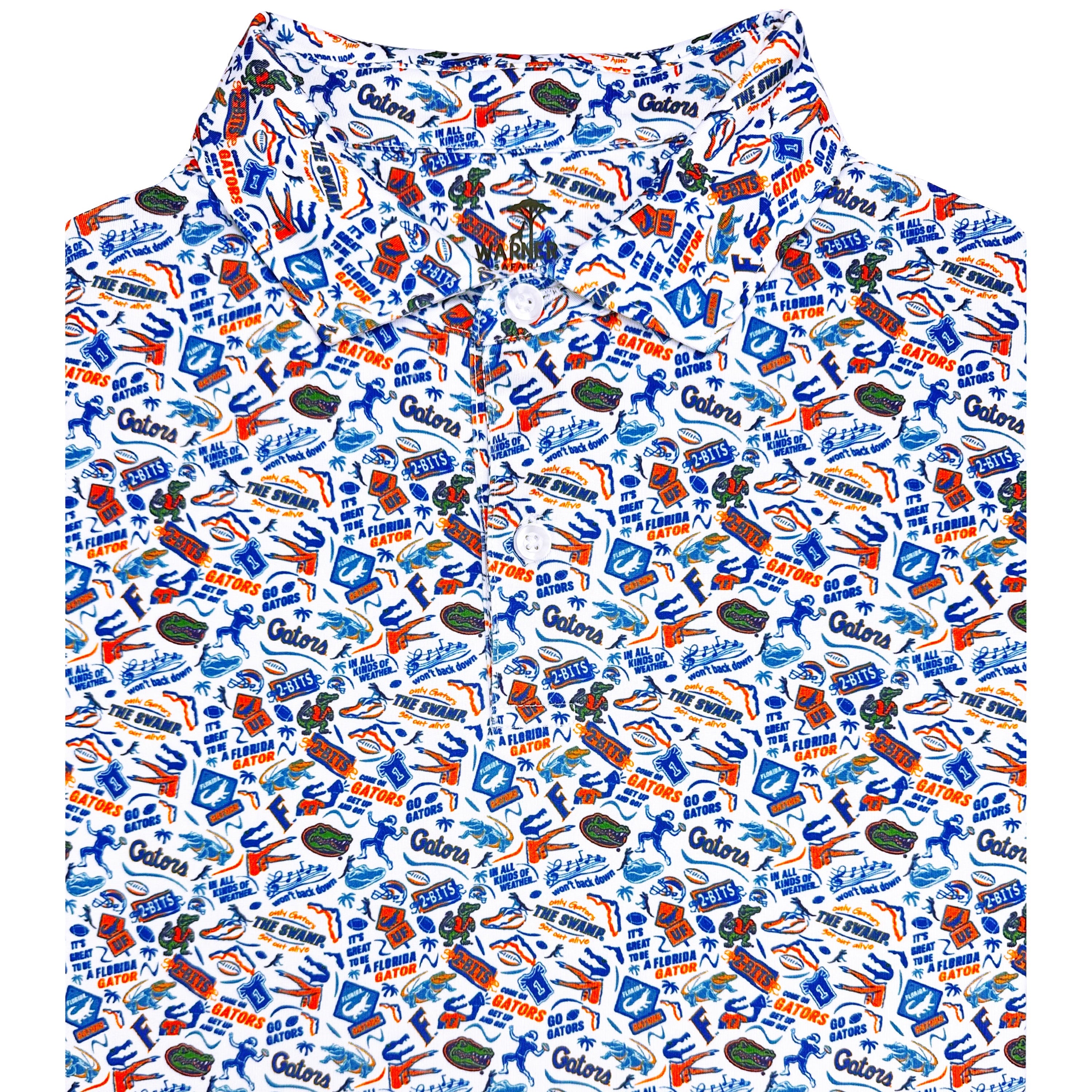 Polo with a colorful pattern of logos and text on a white background