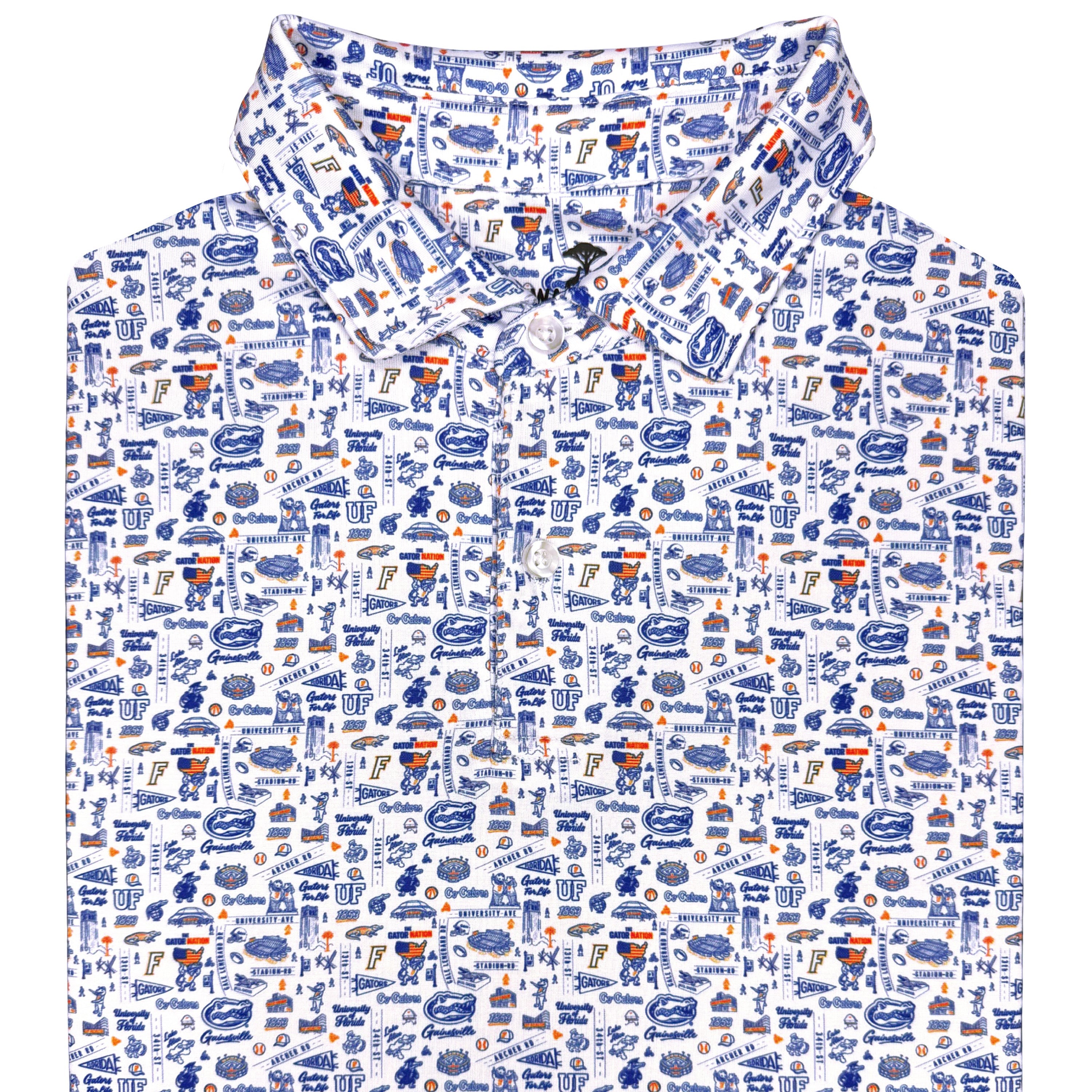Patterned shirt with blue and white design on a white background