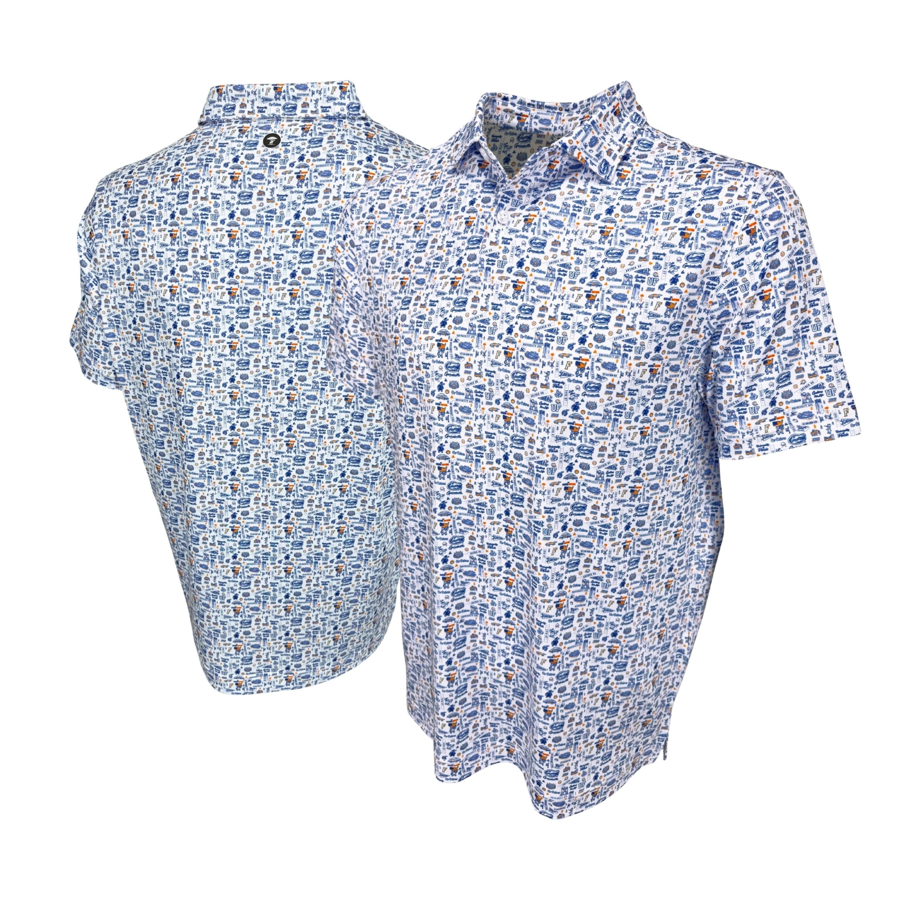 Short-sleeve shirt with blue and white pattern on a white background