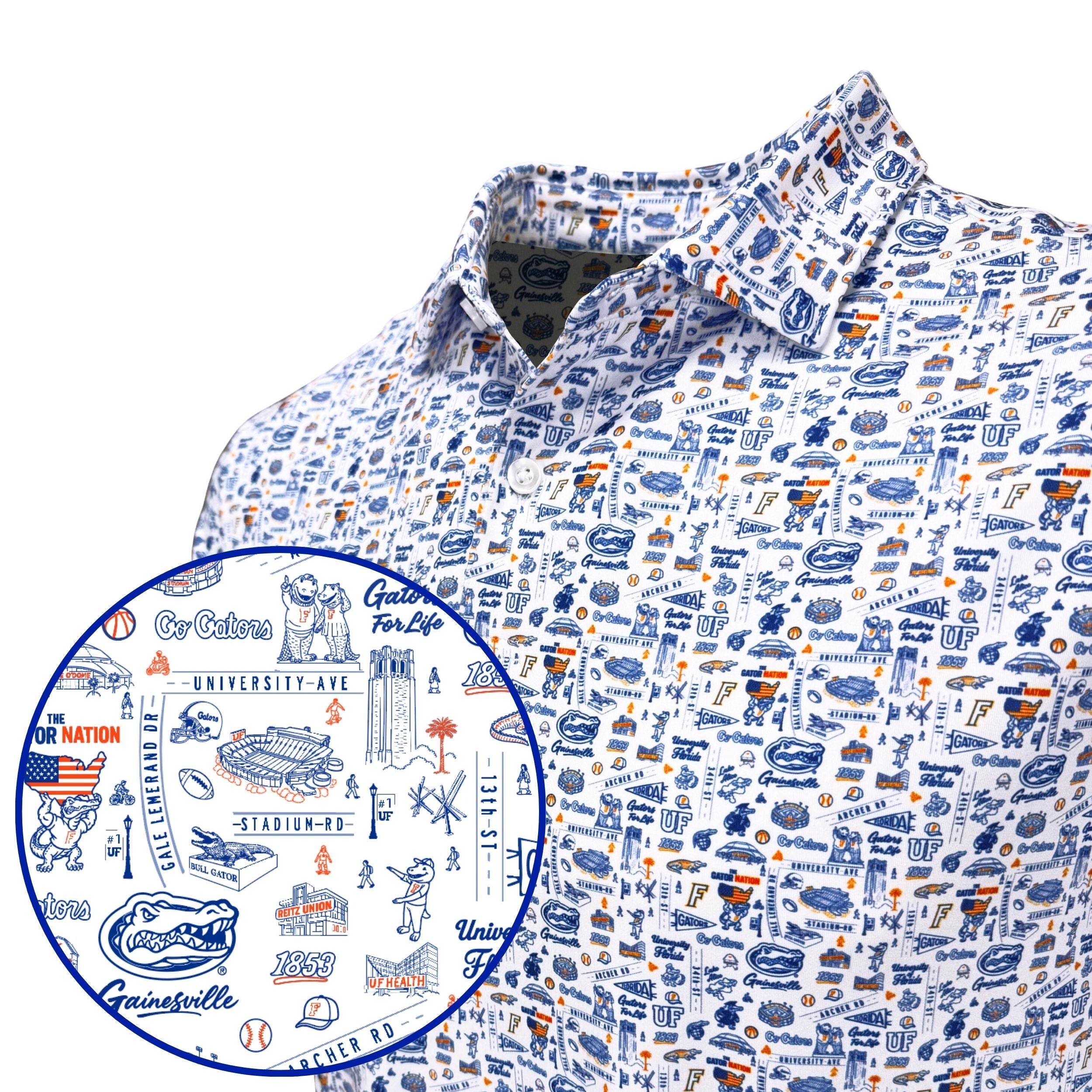 Patterned shirt with a close-up of a logo on a white background