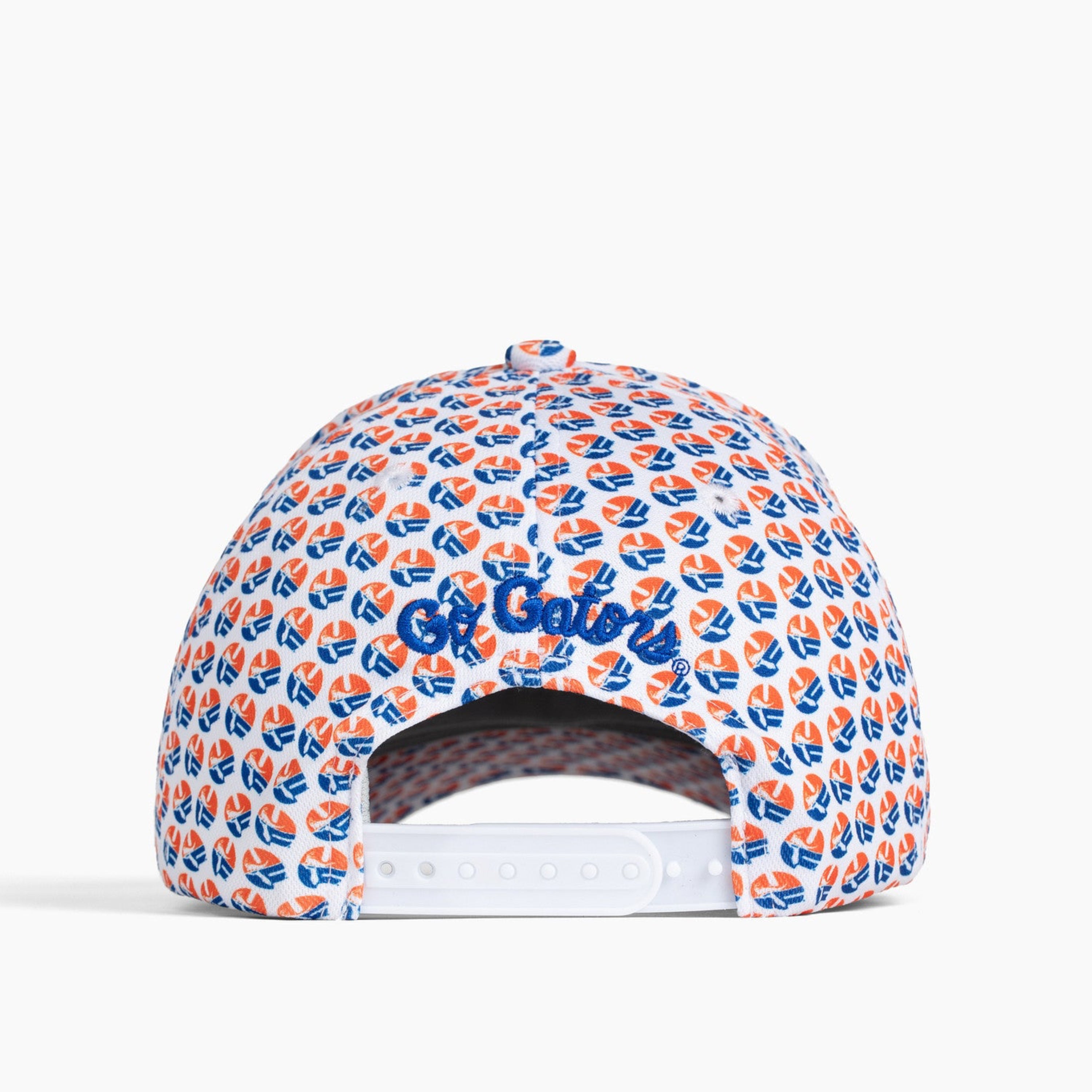 A rear view of a snapback cap featuring an all-over blue and orange pattern.