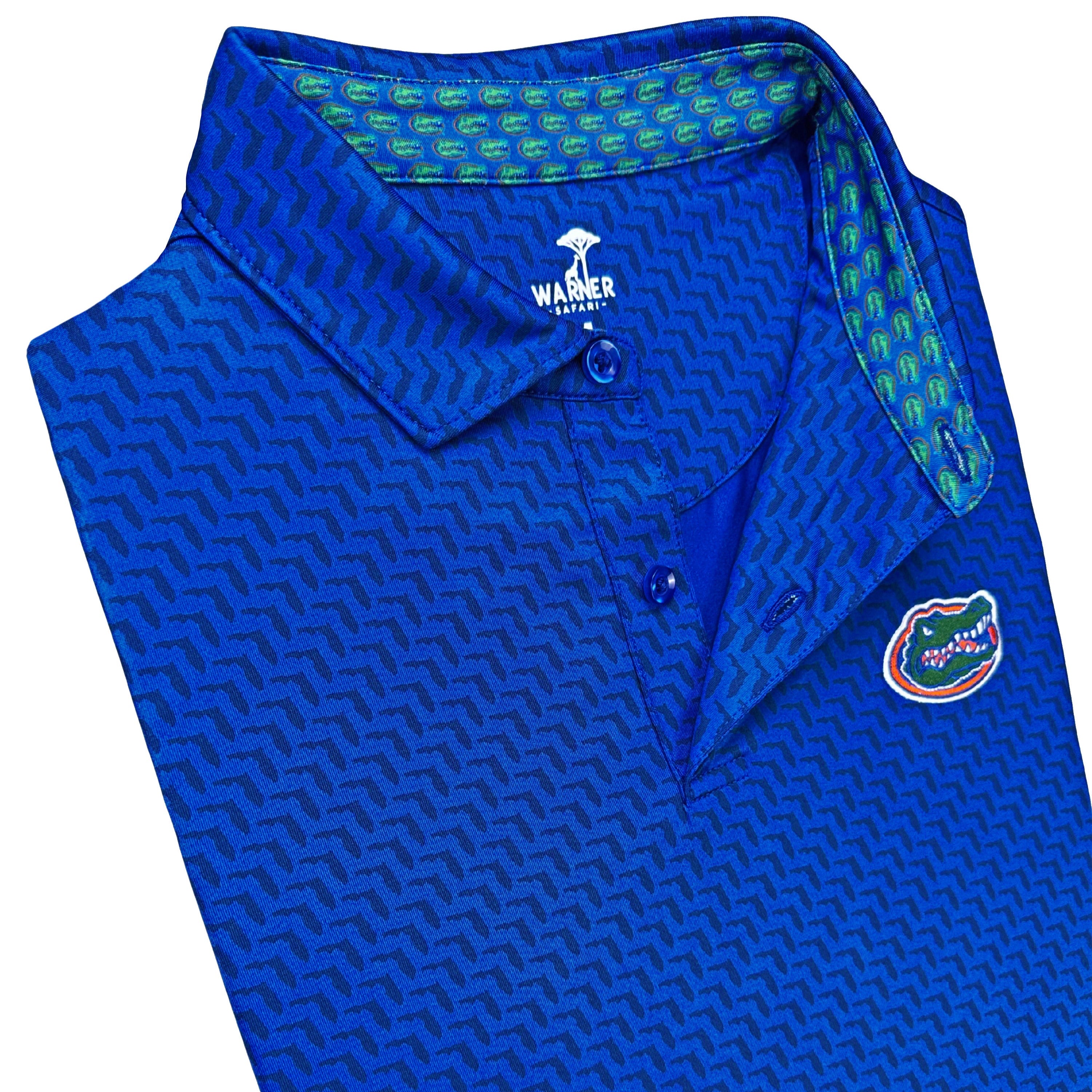Blue polo shirt with a logo on a white background