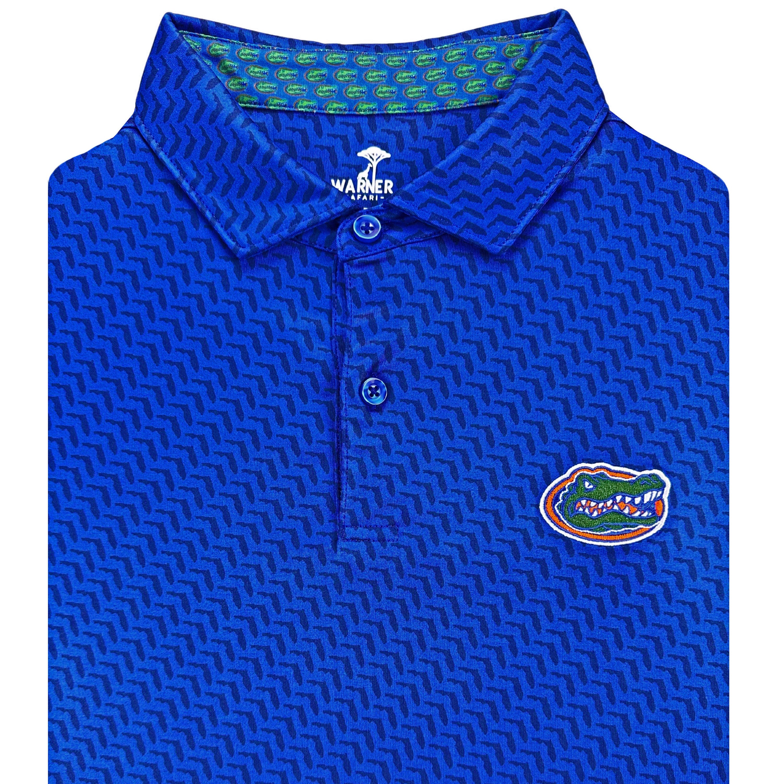 Blue polo shirt with a logo on a white background