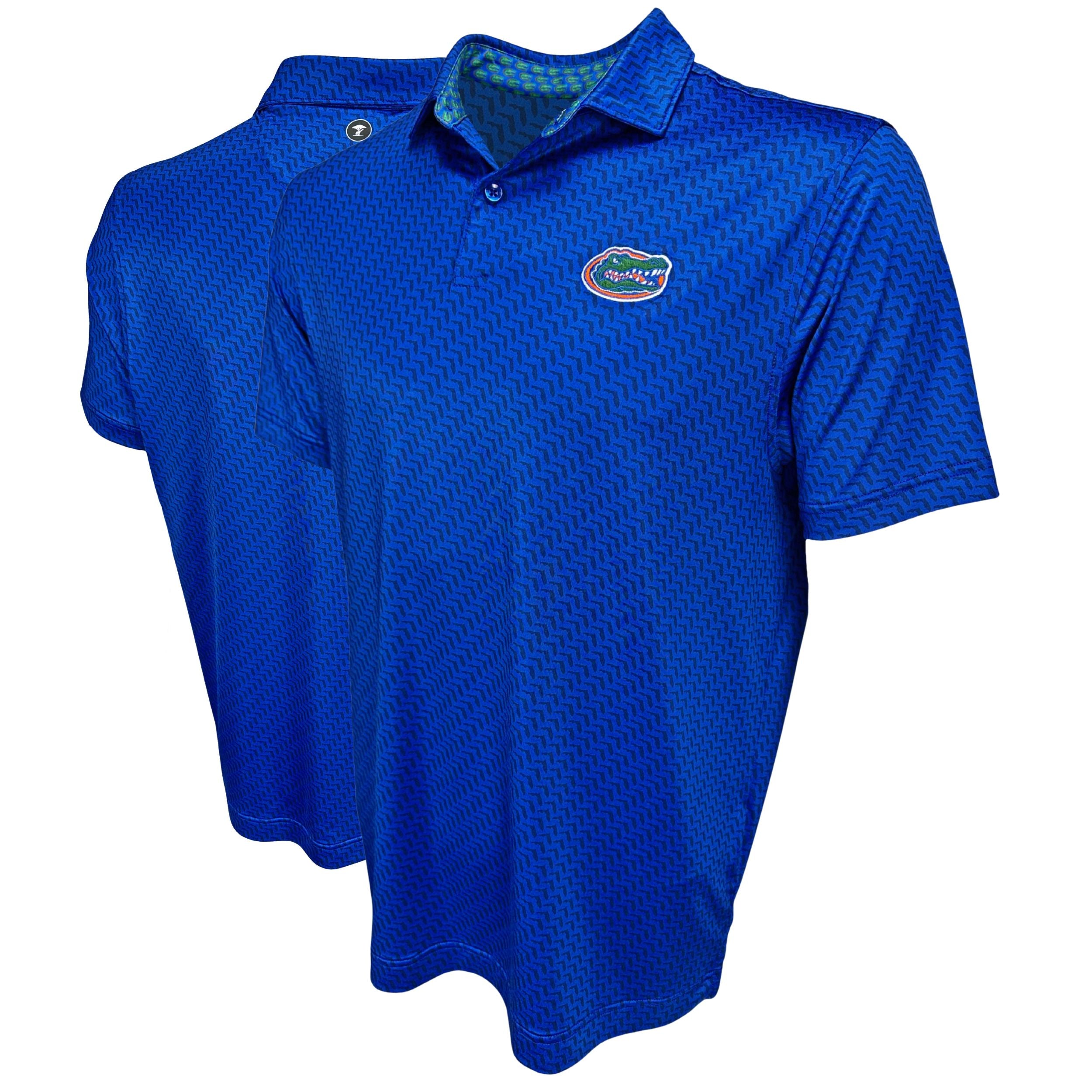 Blue polo shirt with a logo on a white background