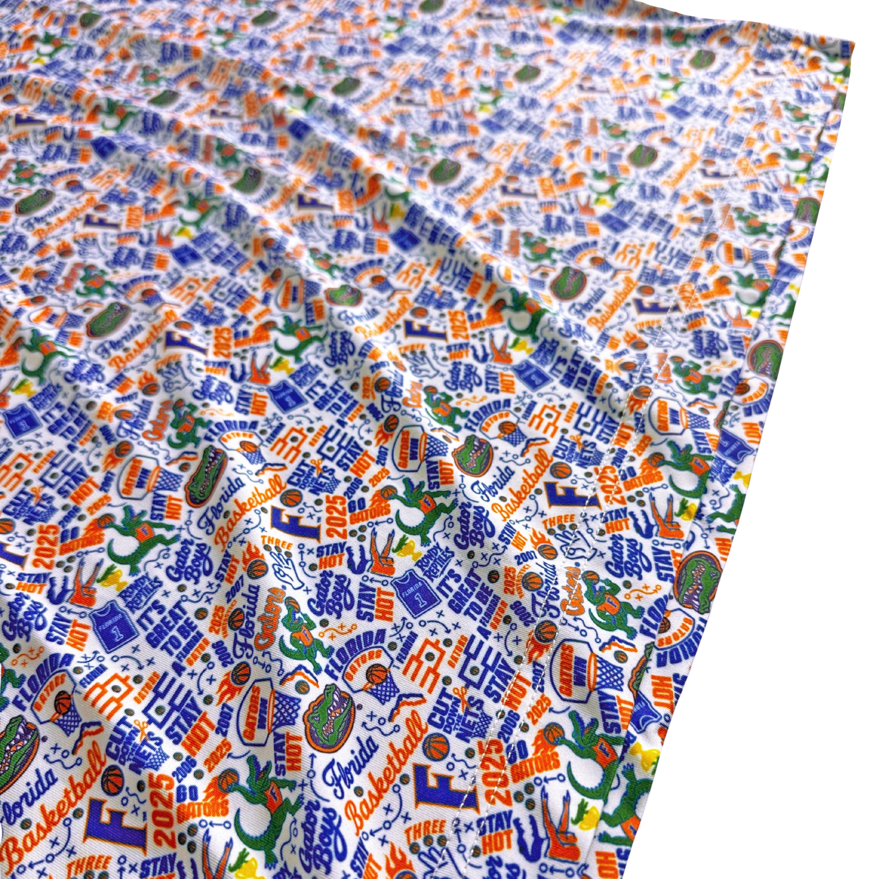 Colorful patterned fabric with various designs and text on a white background
