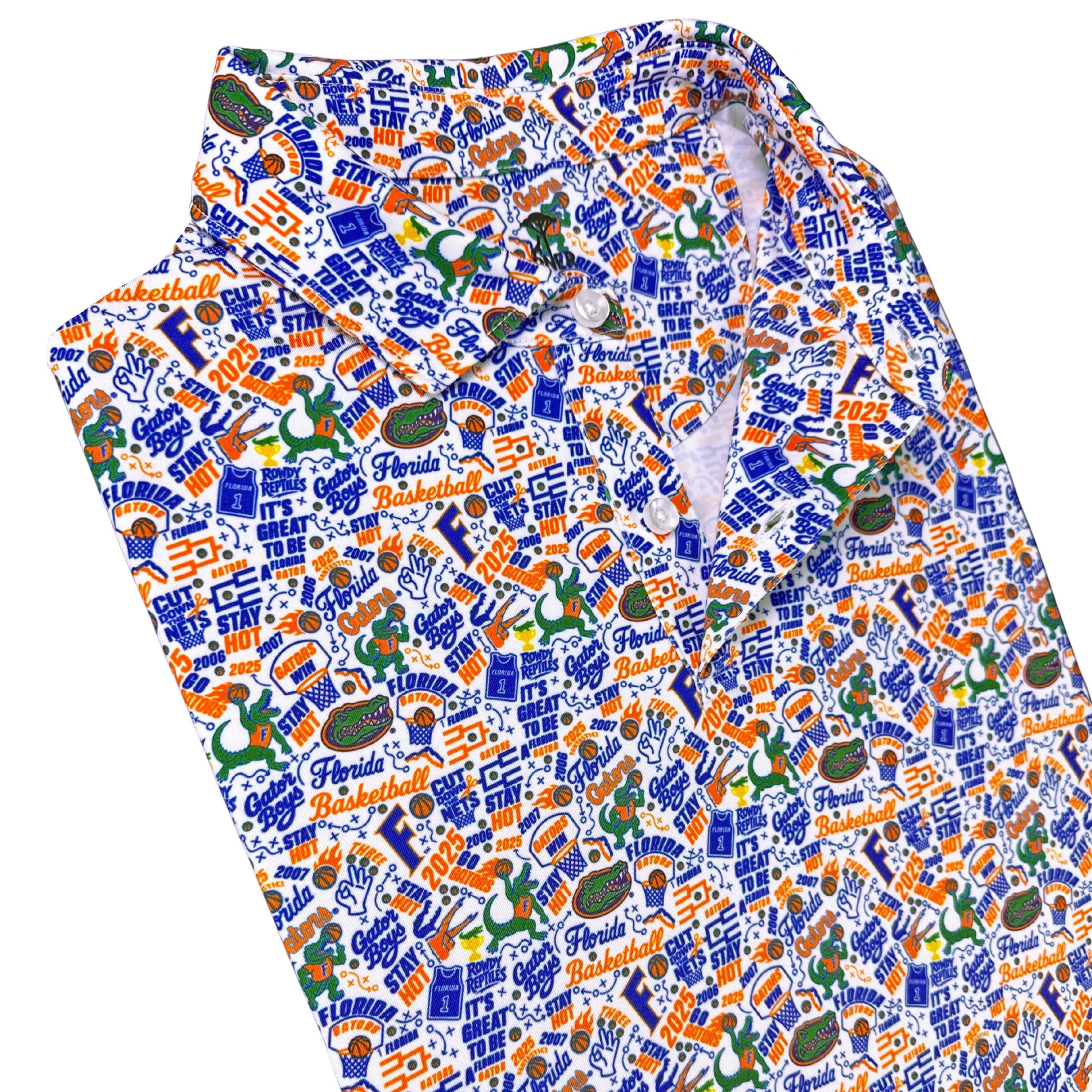 Patterned shirt with colorful design on a white background