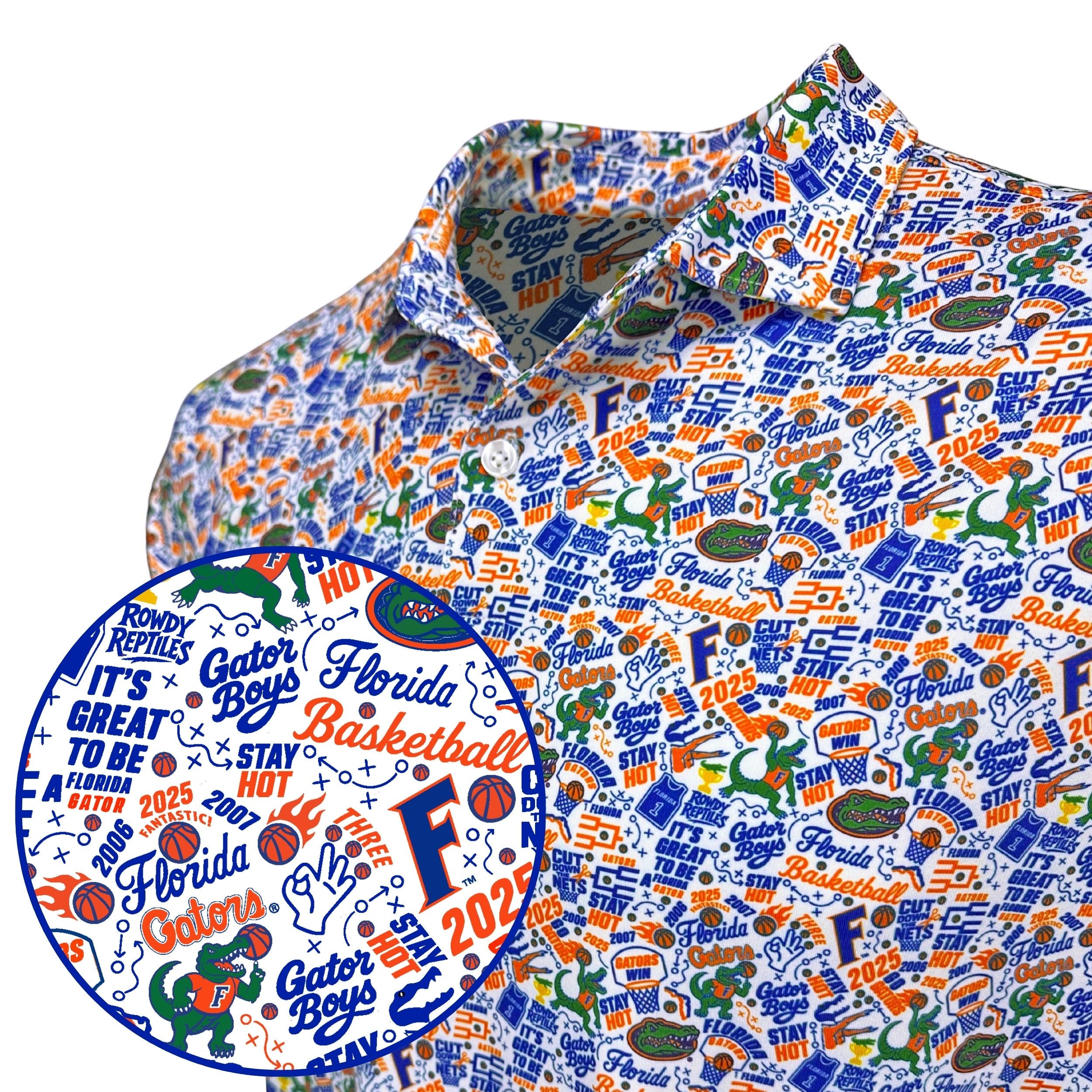 Colorful patterned shirt with Florida Gators branding on a white background
