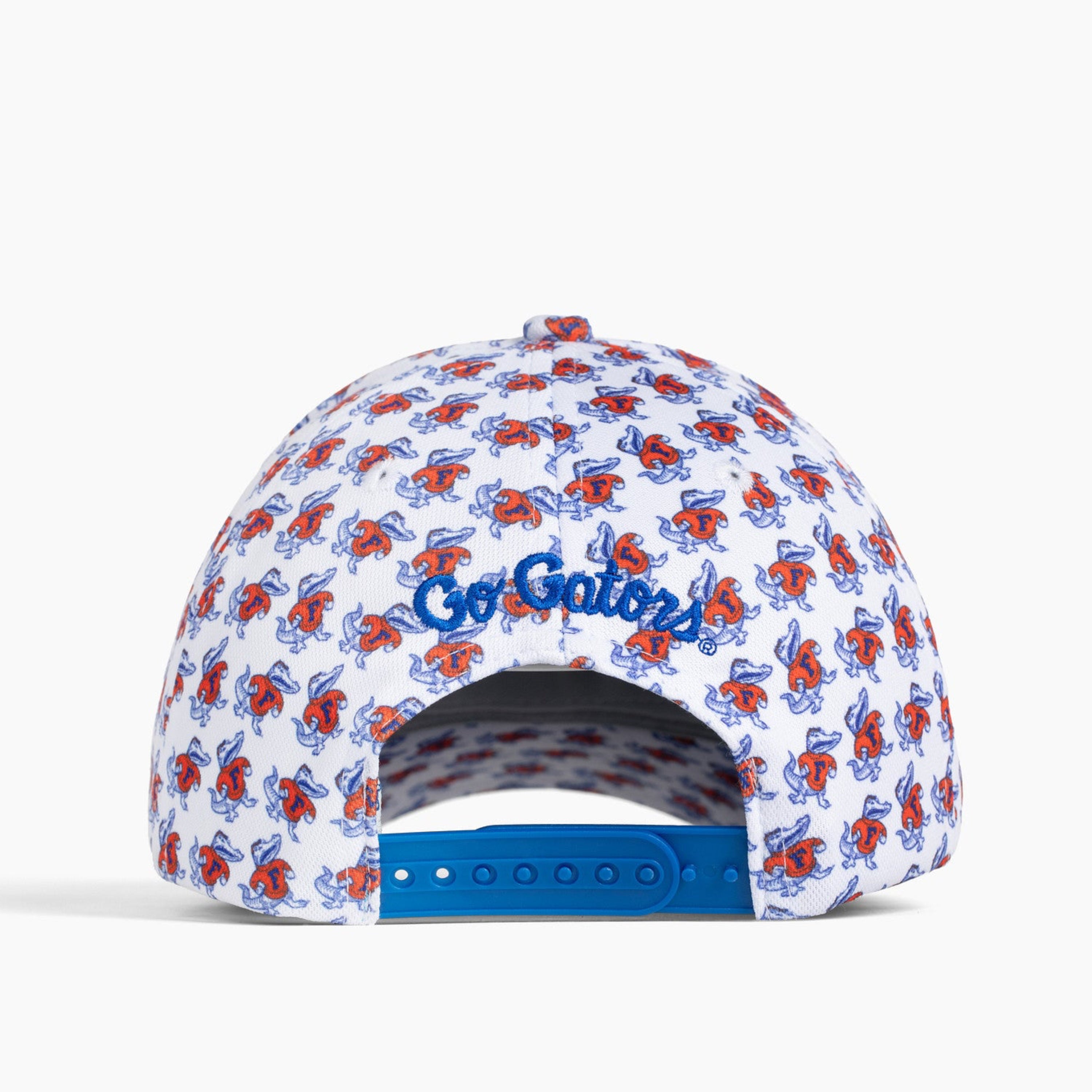 The back of a baseball cap featuring a white fabric crown with a blue 'Go Gators' script logo, and a blue adjustable snapback strap.