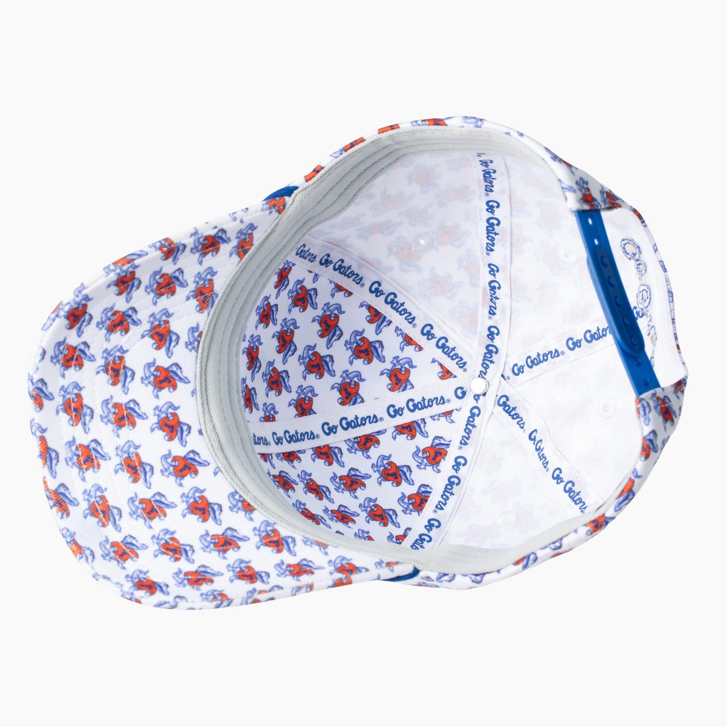 A white baseball cap with blue text printed on the interior, shown from an overhead angle against a white background.
