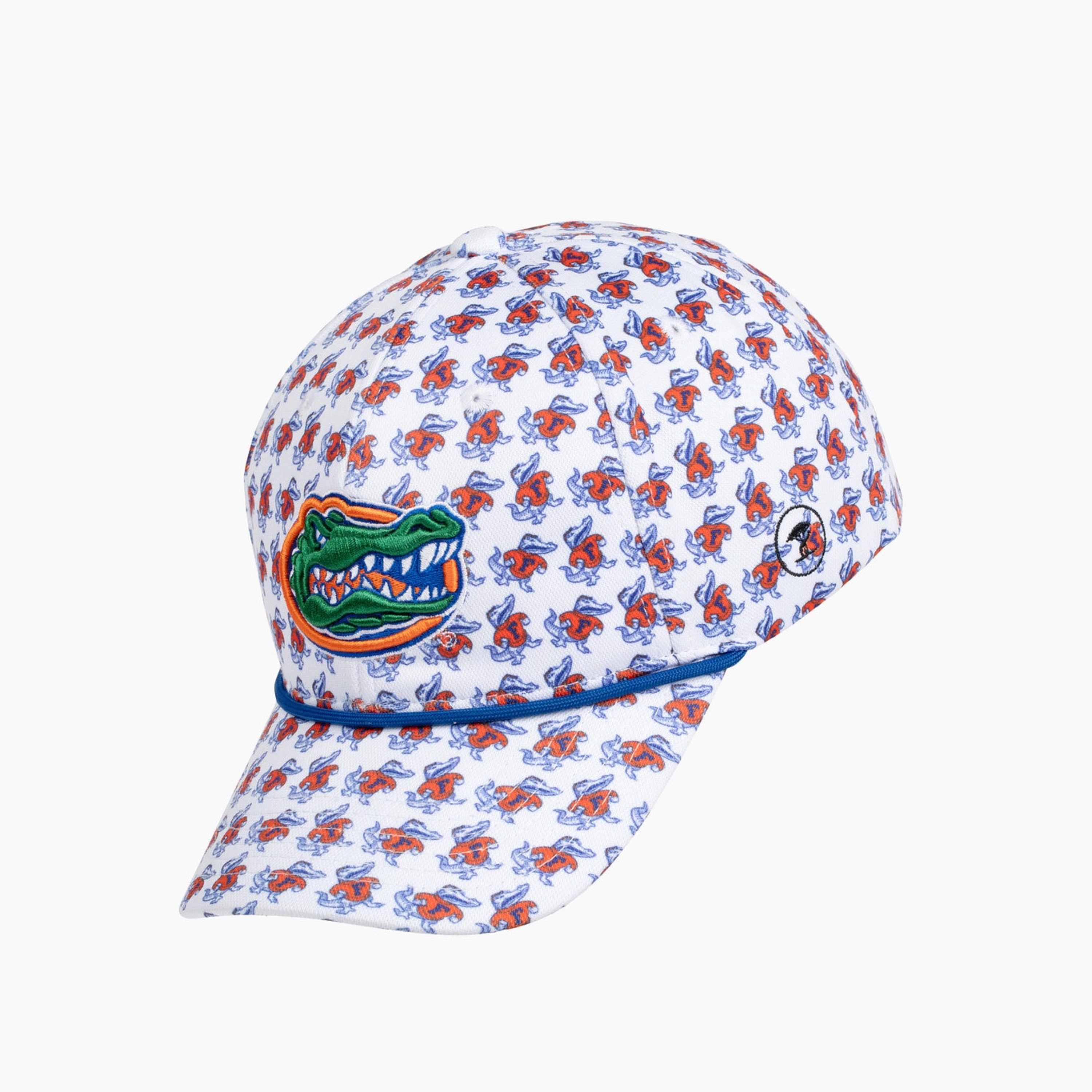 A white baseball cap featuring an all-over orange Gator, with a green and orange Florida Gators logo embroidered on the front.