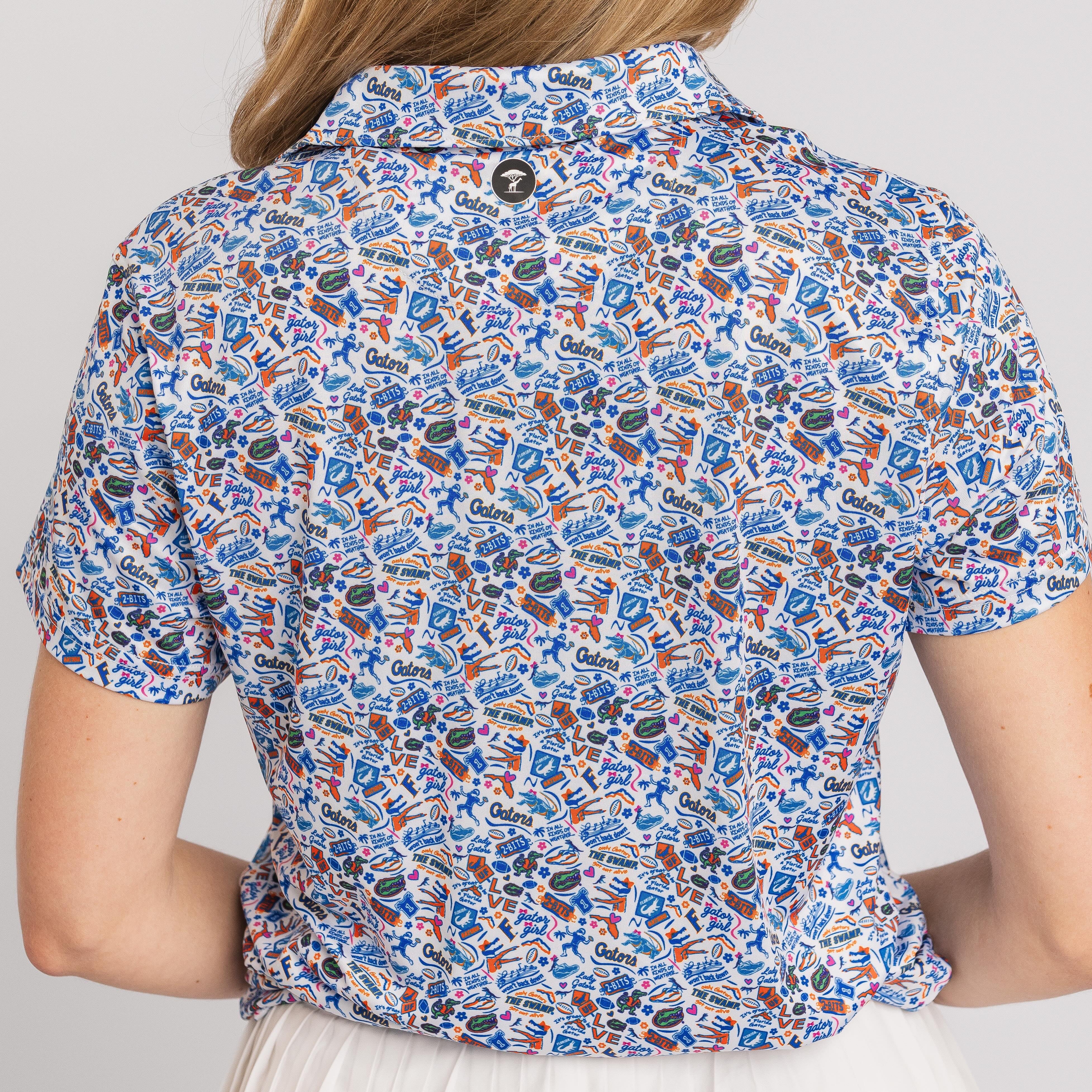 Short-sleeve shirt with colorful pattern on a plain background