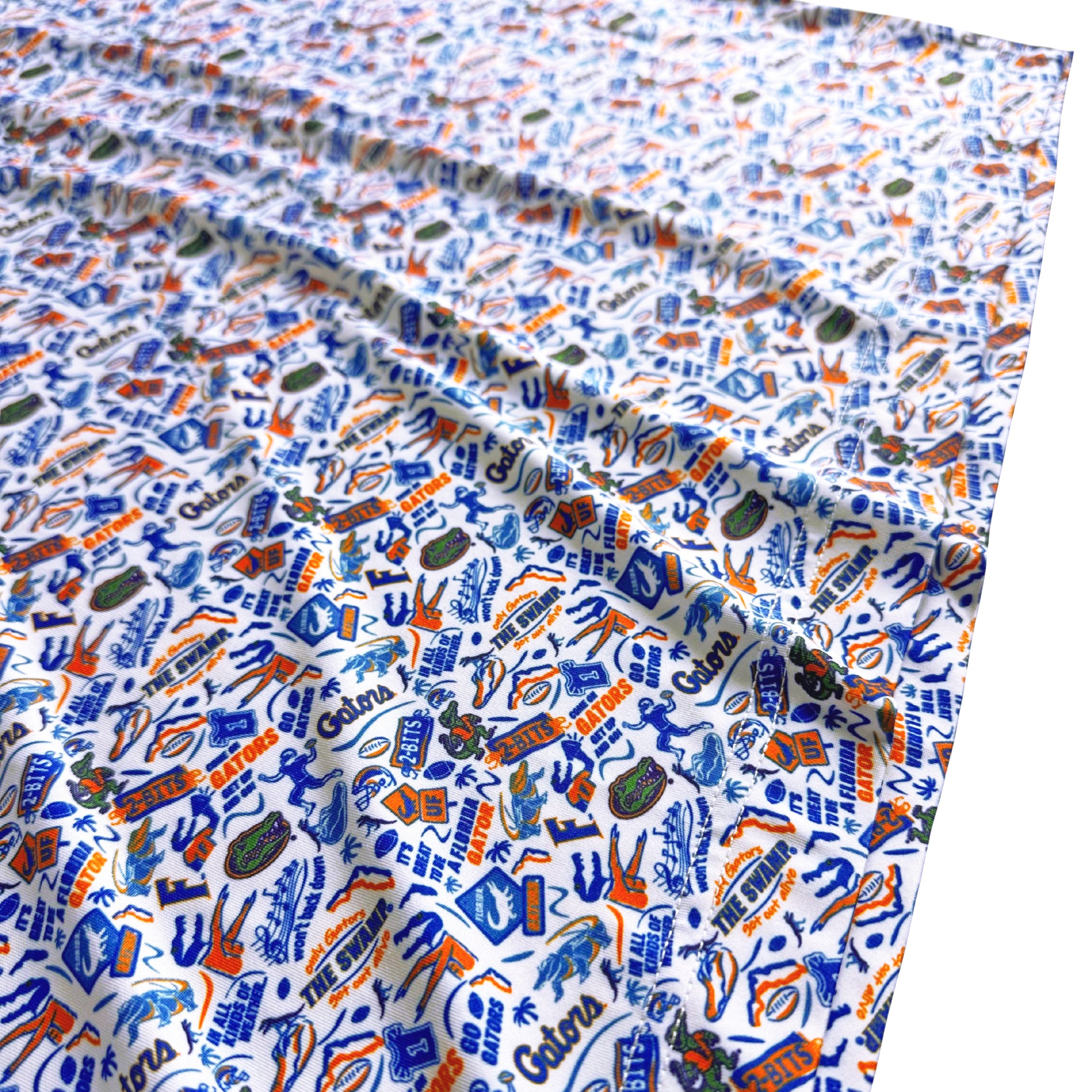 Patterned fabric with colorful design on a white background