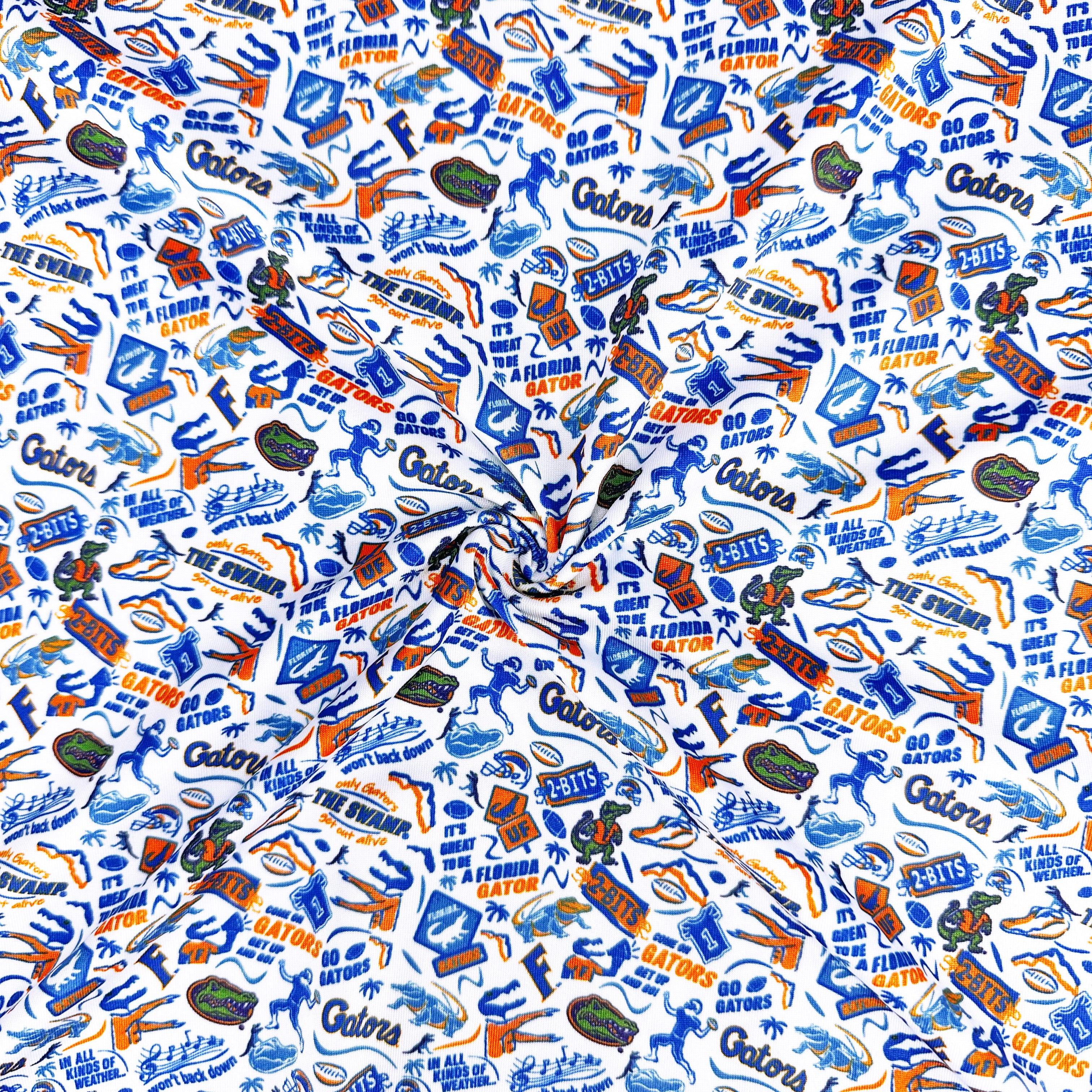 Pattern of Florida Gators logos and text on a white background