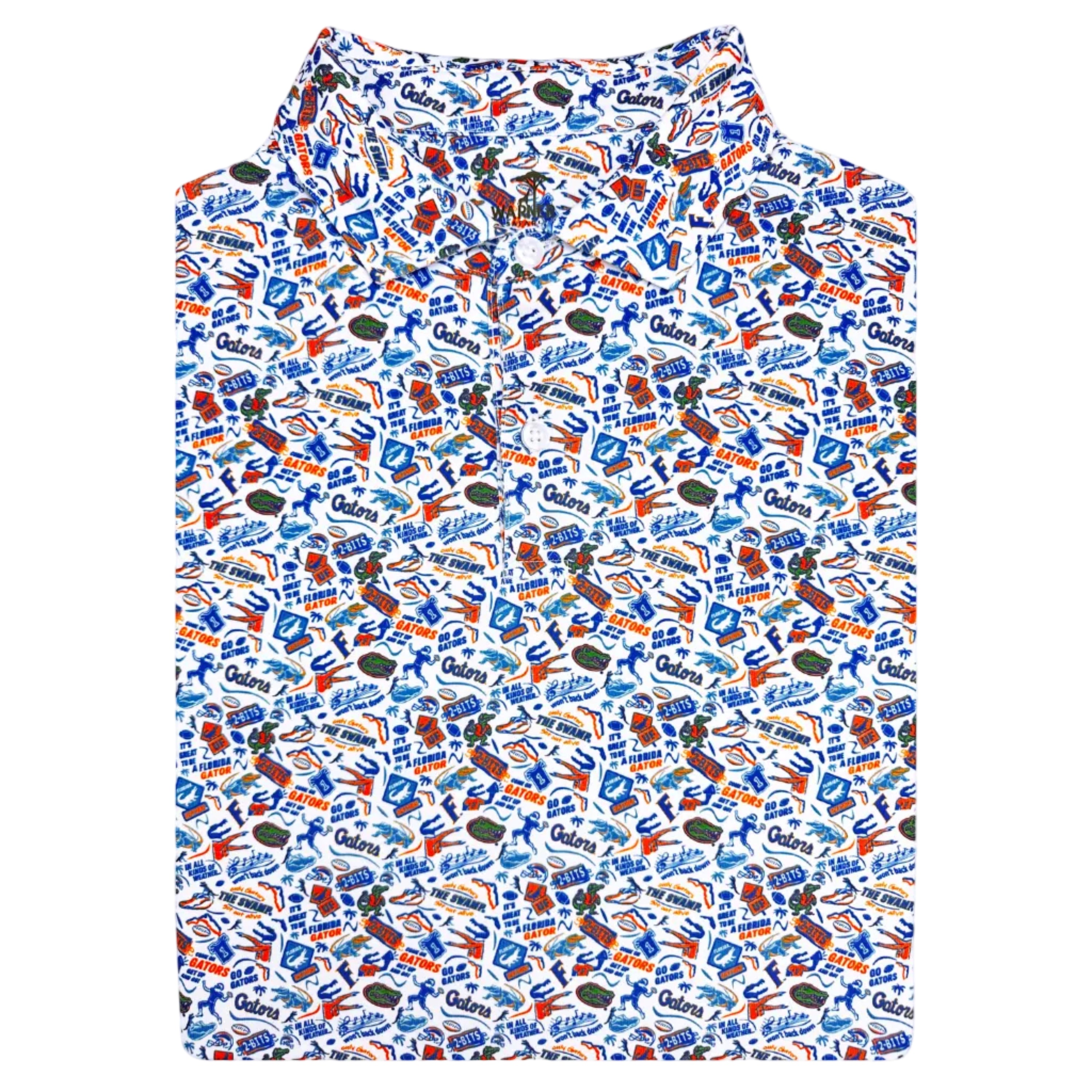 Polo with a colorful pattern of logos and text on a white background