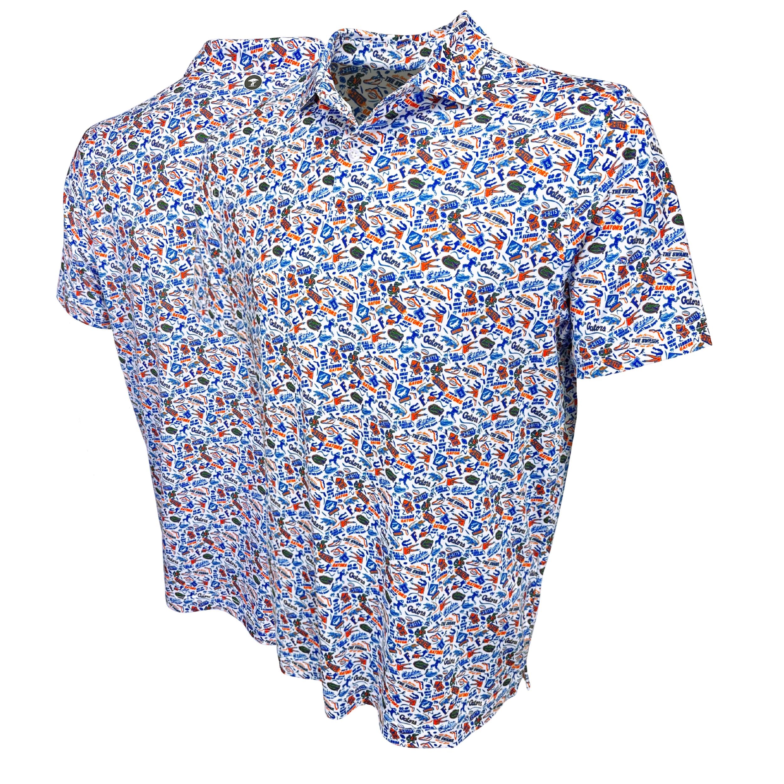Short-sleeve shirt with a colorful pattern on a white background