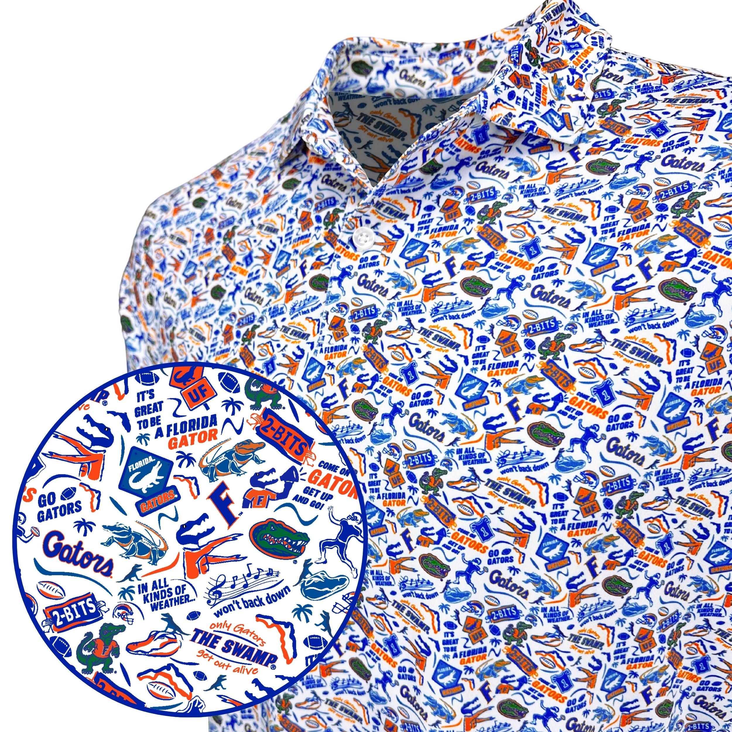 Colorful patterned shirt with a close-up of a logo on a white background