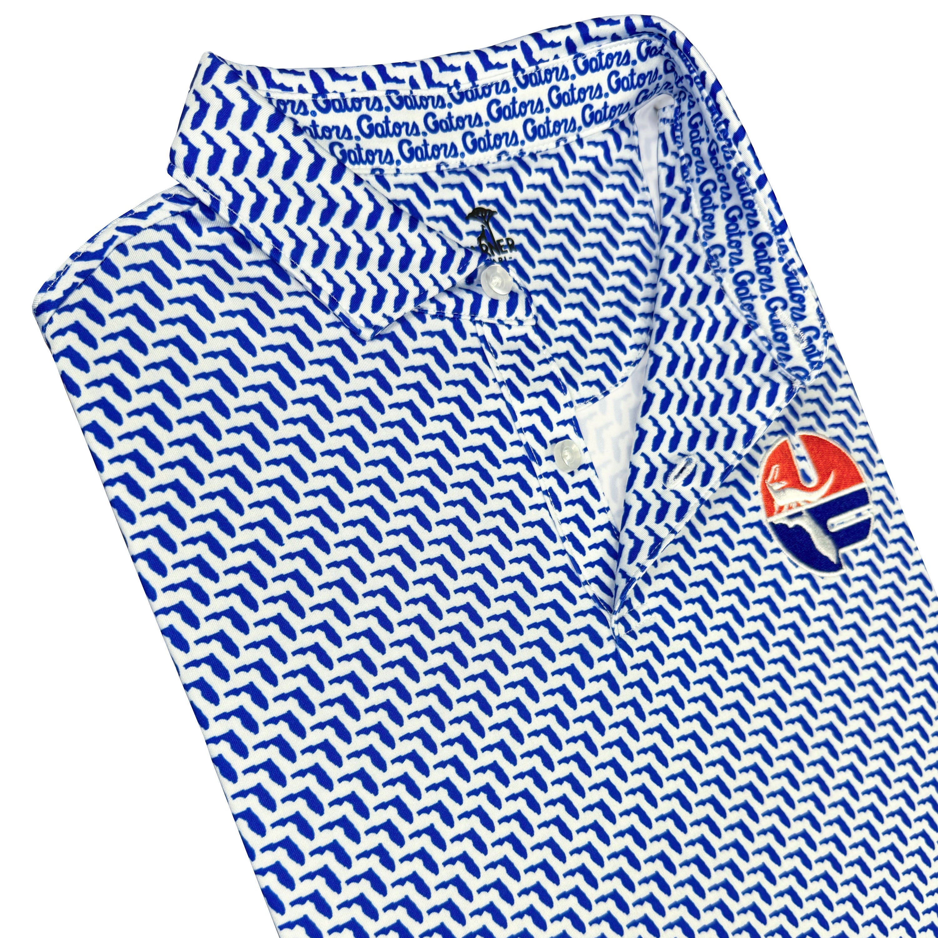 Blue and white patterned shirt with a logo on a white background