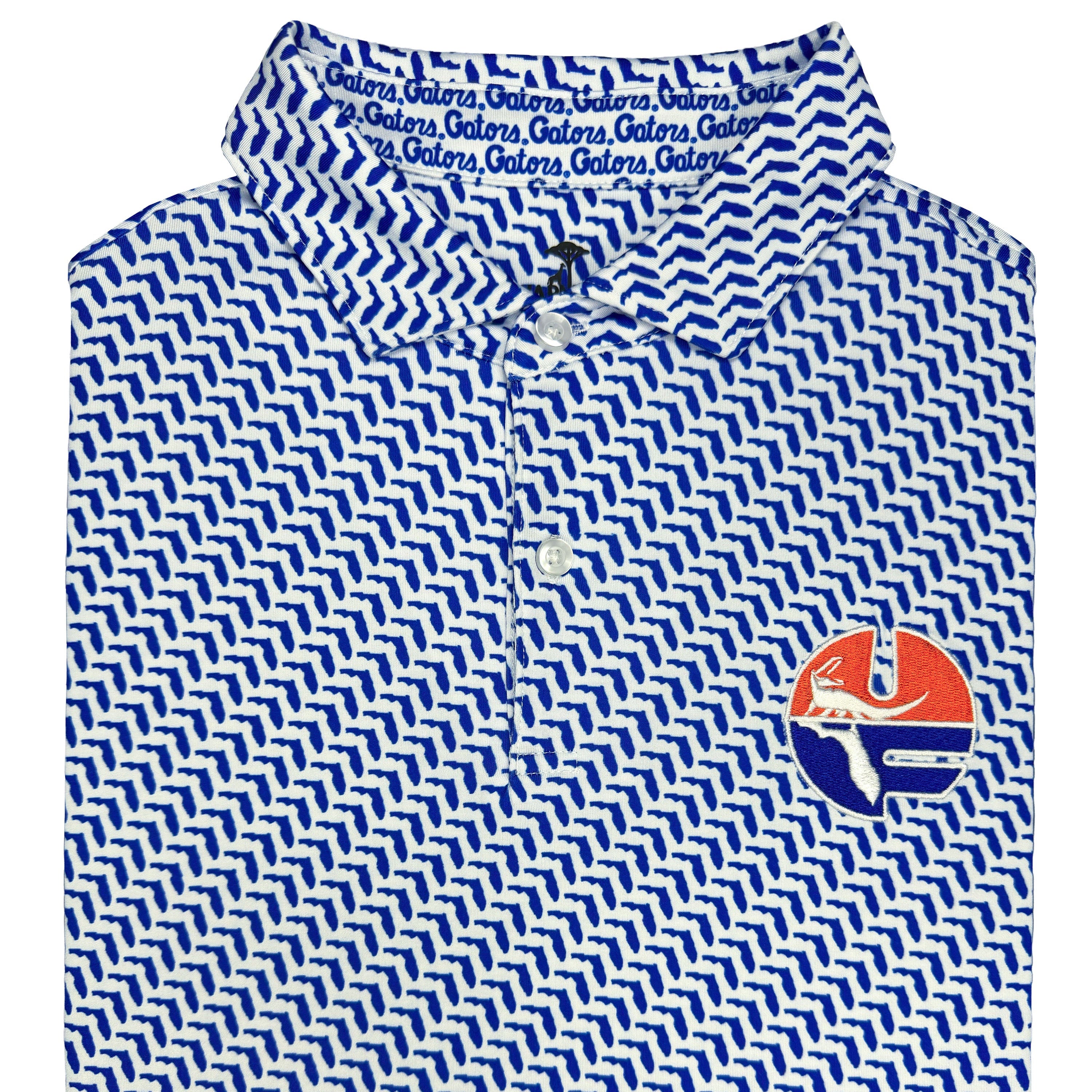 White polo shirt with blue Florida pattern and logo on a white background