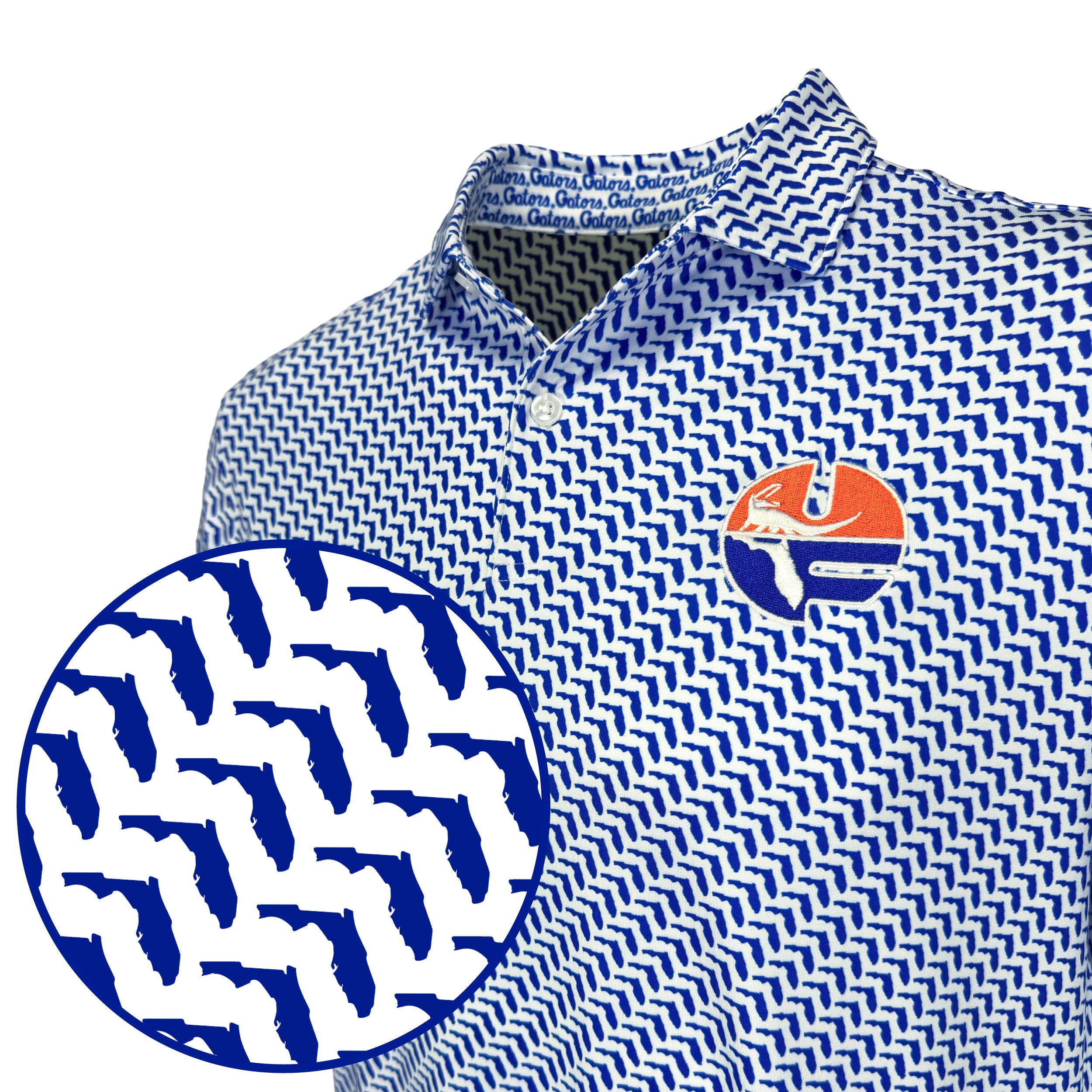Blue and white patterned shirt with a logo on a white background