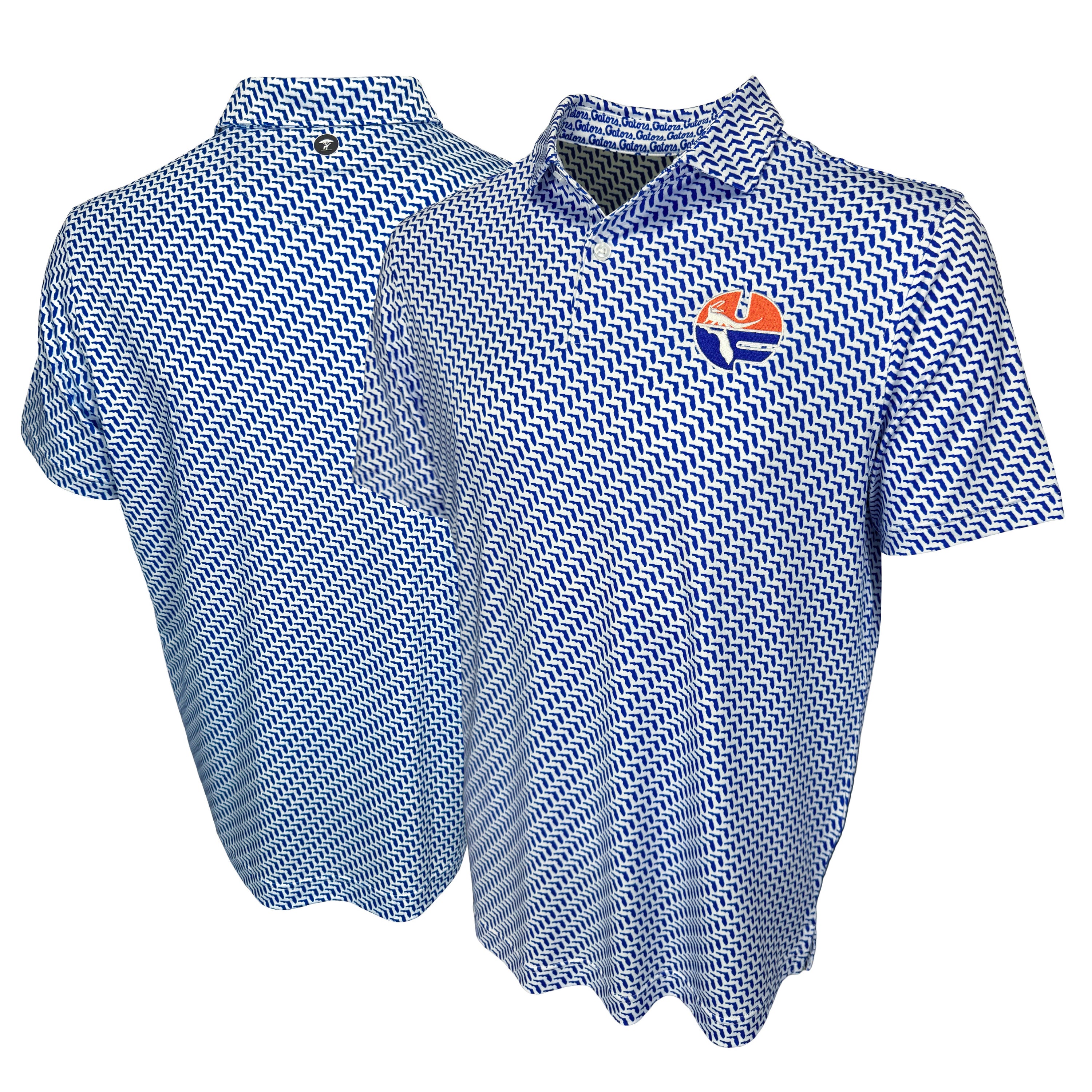 Blue and white patterned shirt with a logo on a white background