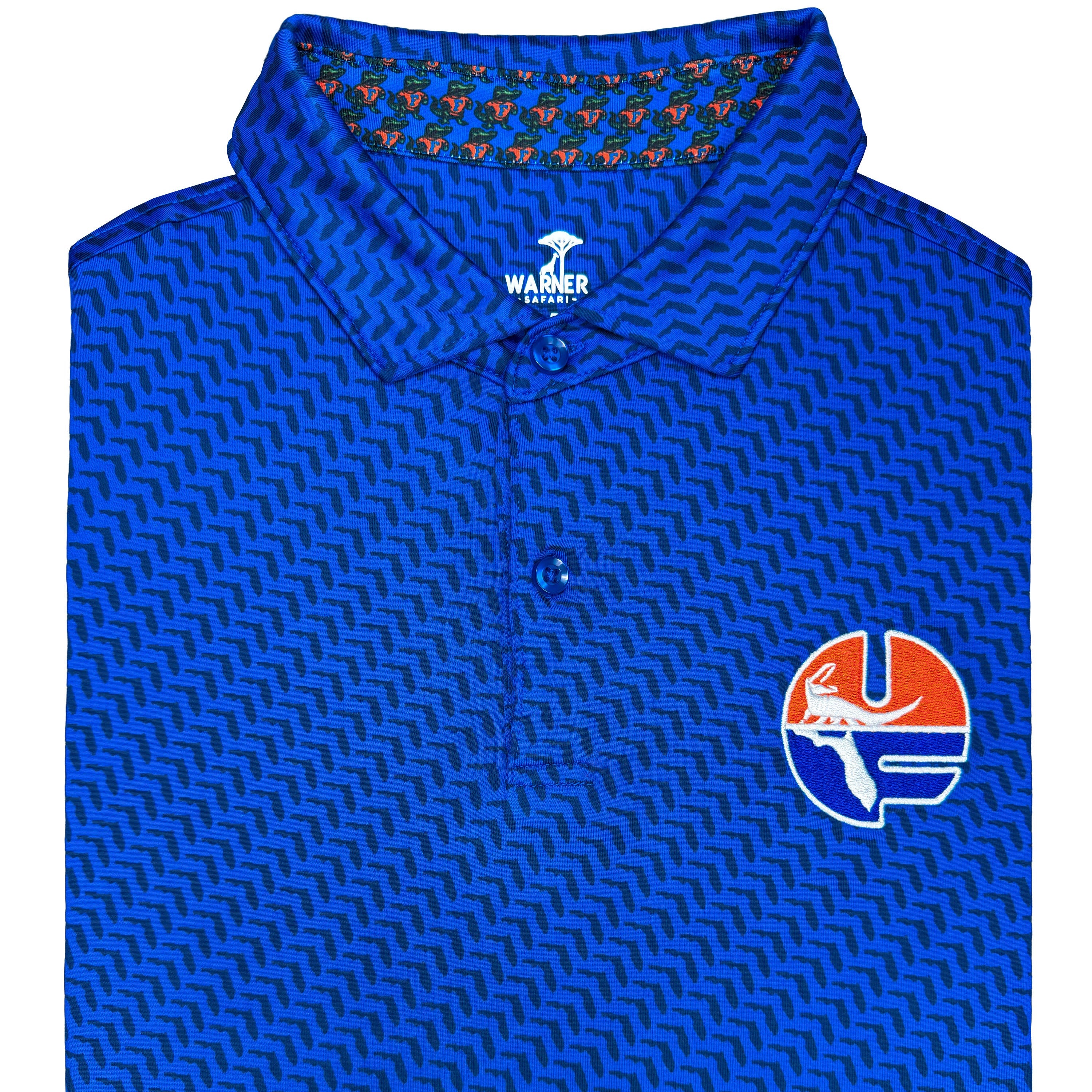 Blue patterned shirt with a logo on a white background