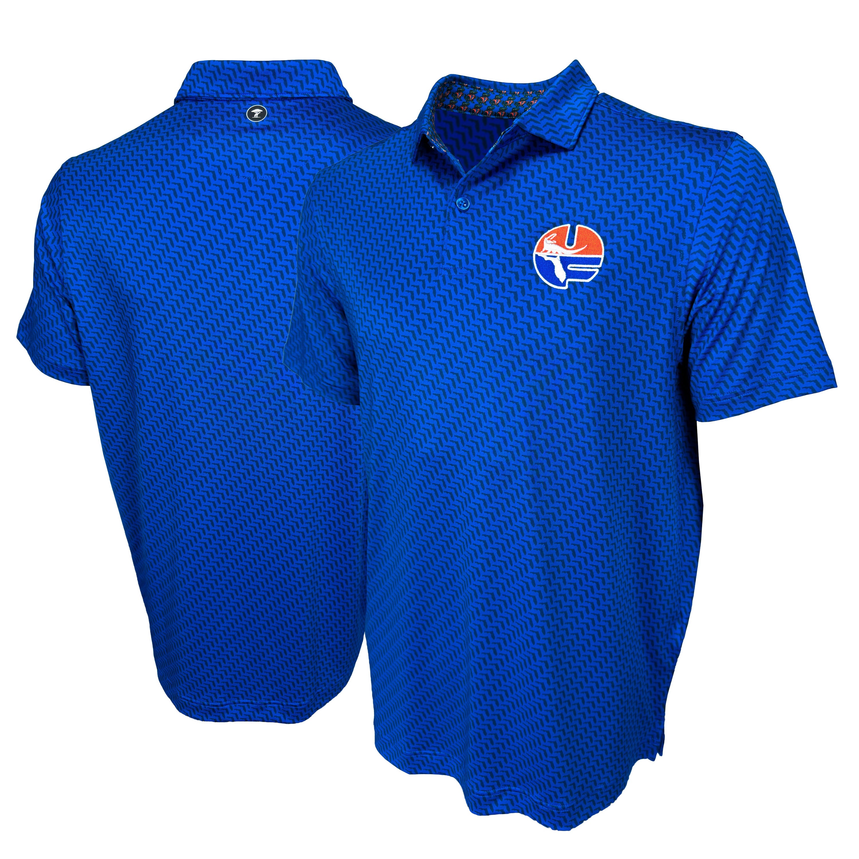 Blue polo shirt with a logo on the chest, shown from front and back views.