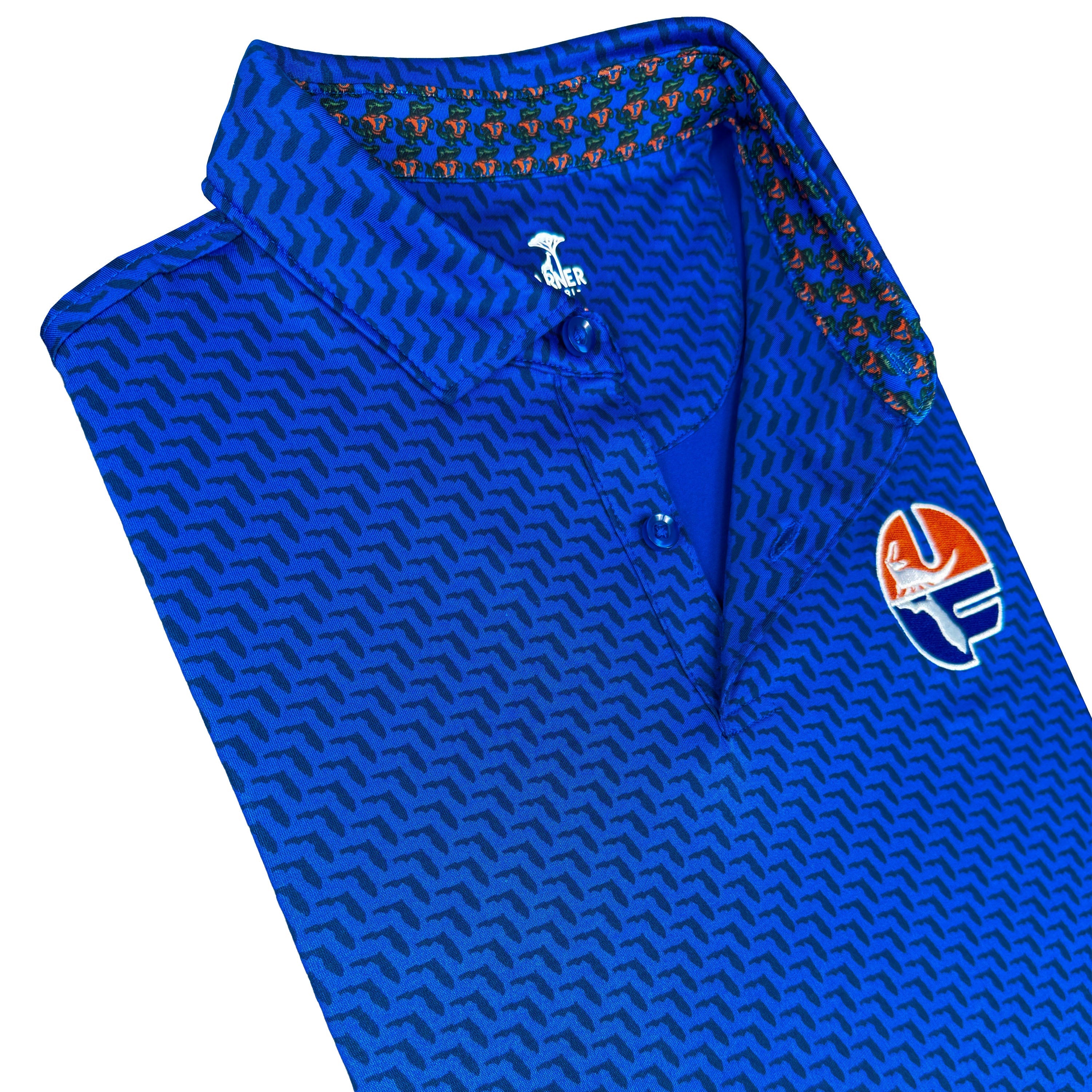 Blue patterned shirt with a logo on a white background