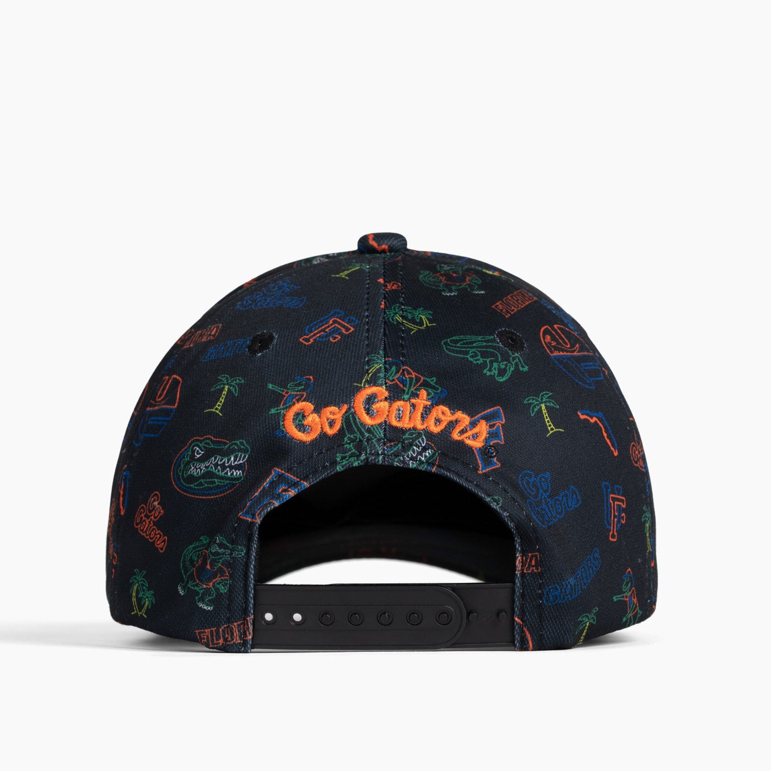 A rear view of a black snapback cap featuring an all-over multicolor graphic pattern and 'Go Gators' embroidered in orange on the back.