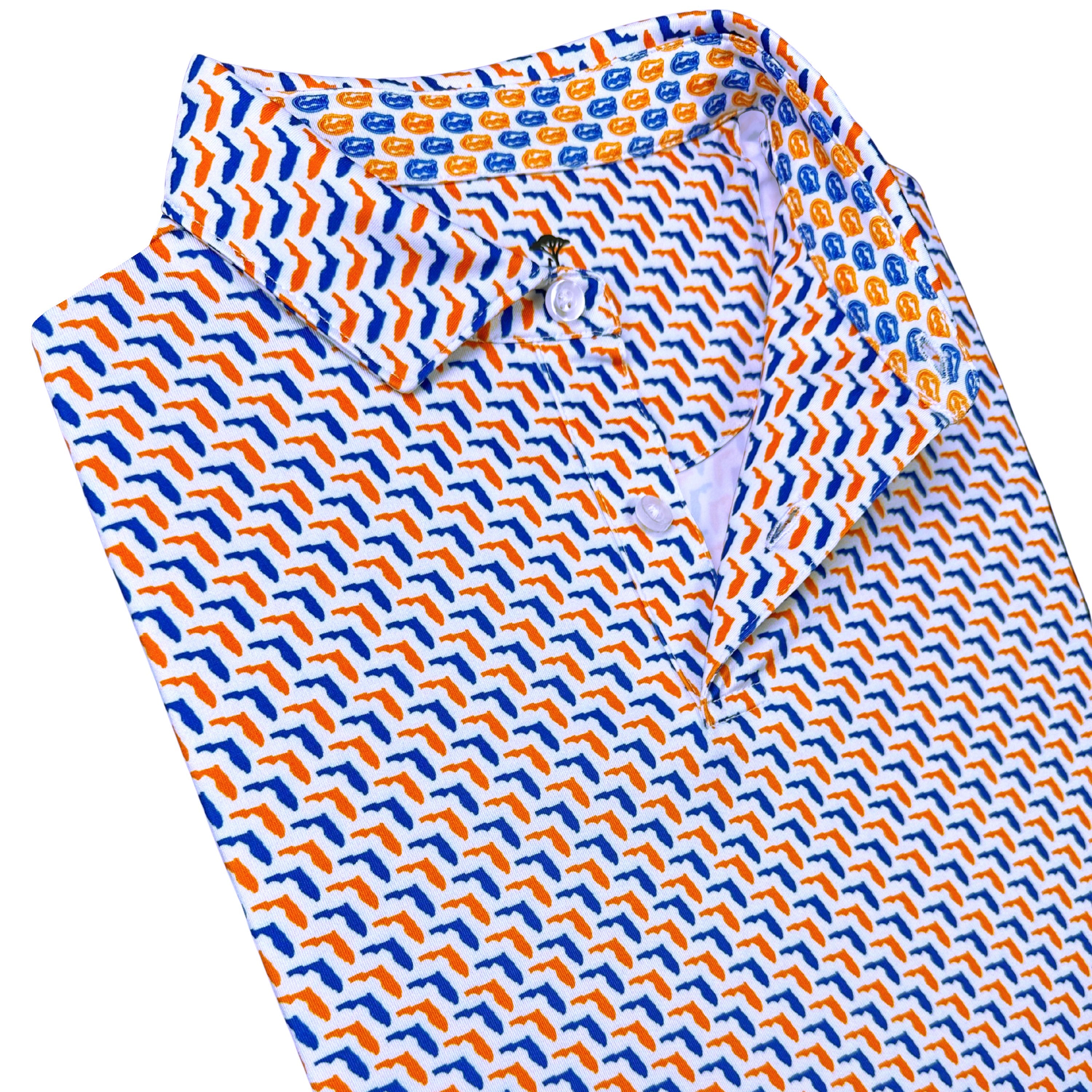 Folded shirt with blue and orange pattern on a white background