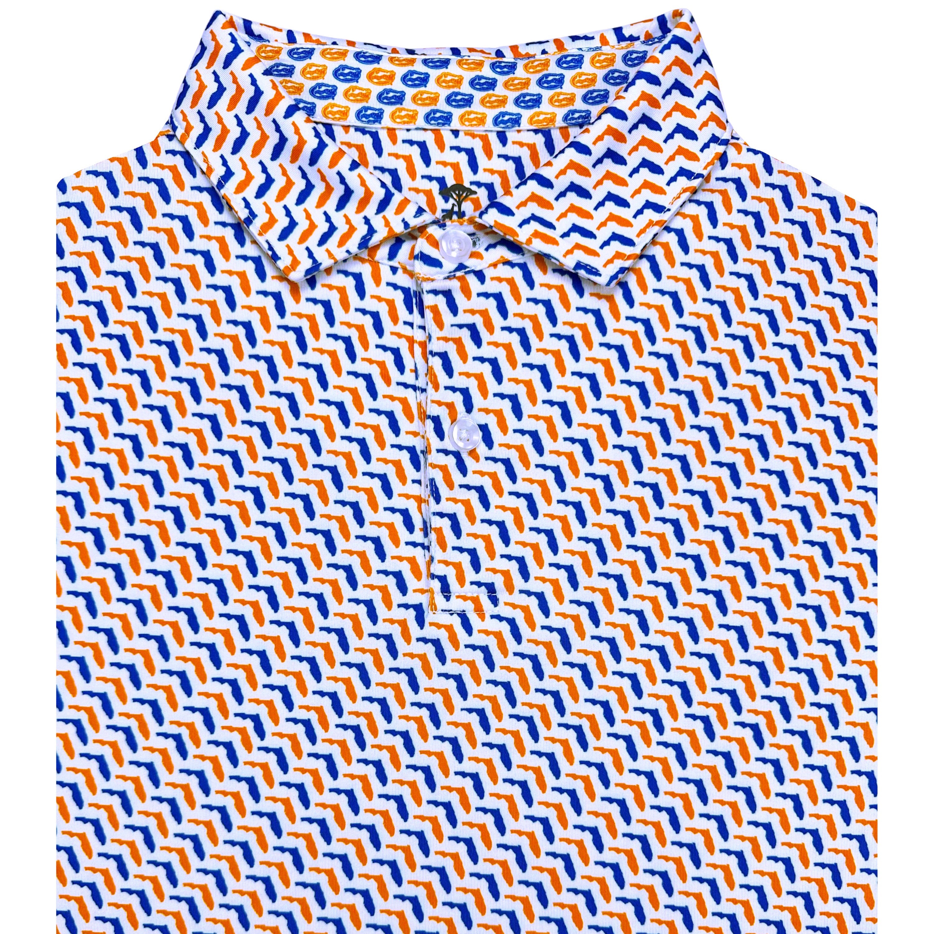 Short-sleeve shirt with blue and orange pattern on a white background