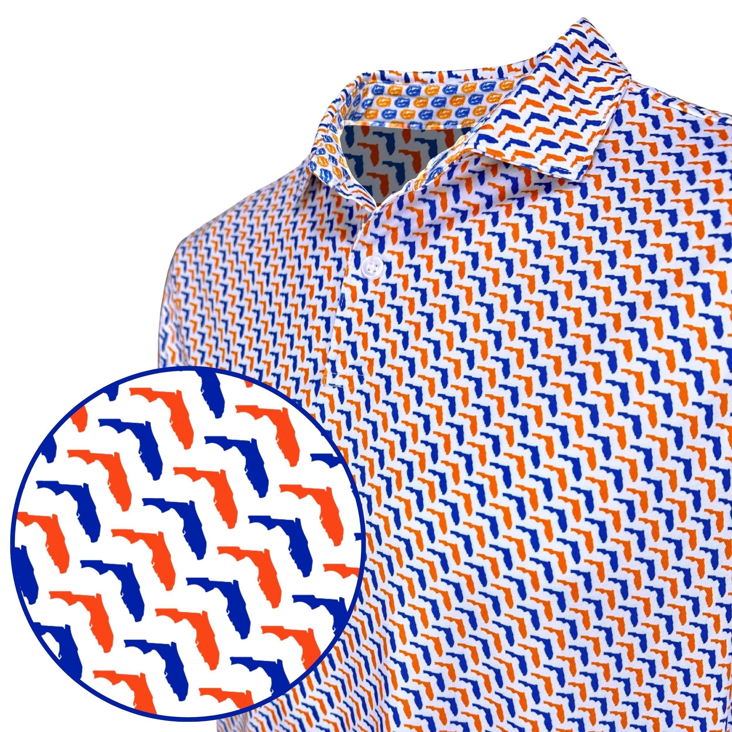 Shirt with blue and orange geometric pattern on a white background