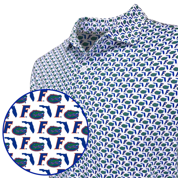 Patterned shirt with a close-up inset showing a repeated logo design.
