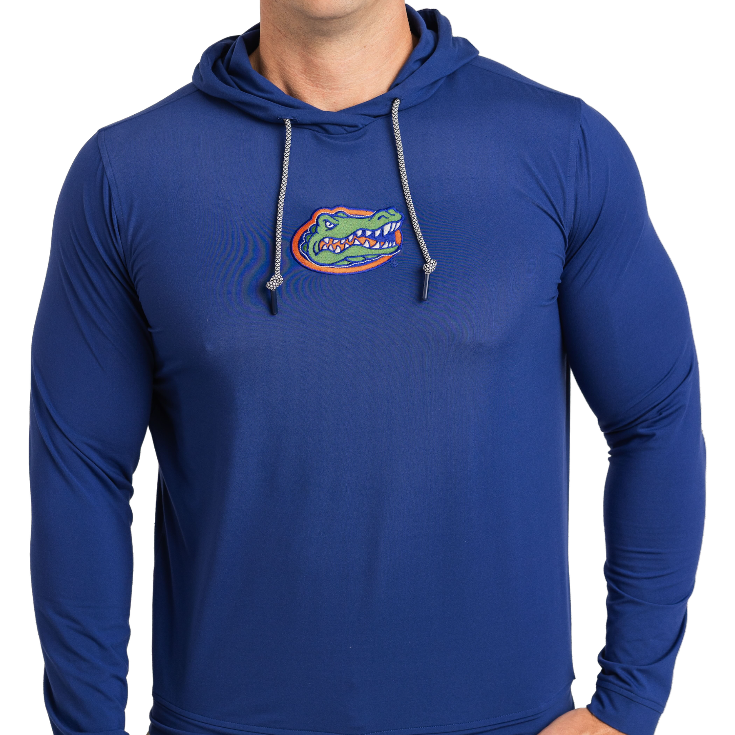 Blue hoodie with a logo on a white background