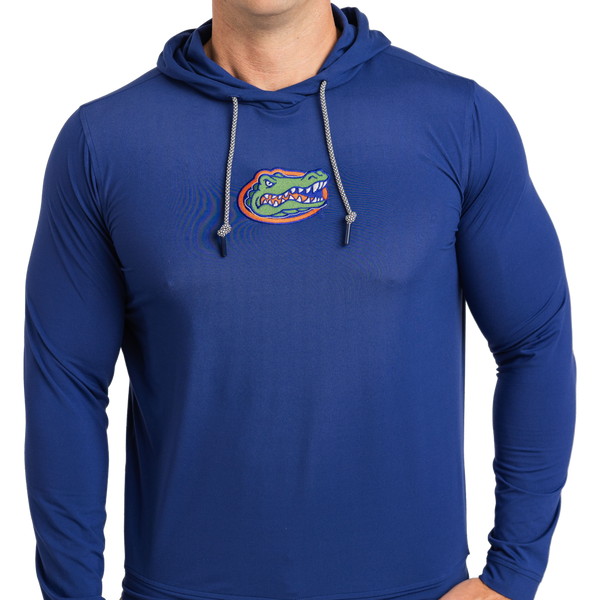 Blue hoodie with a logo on a white background