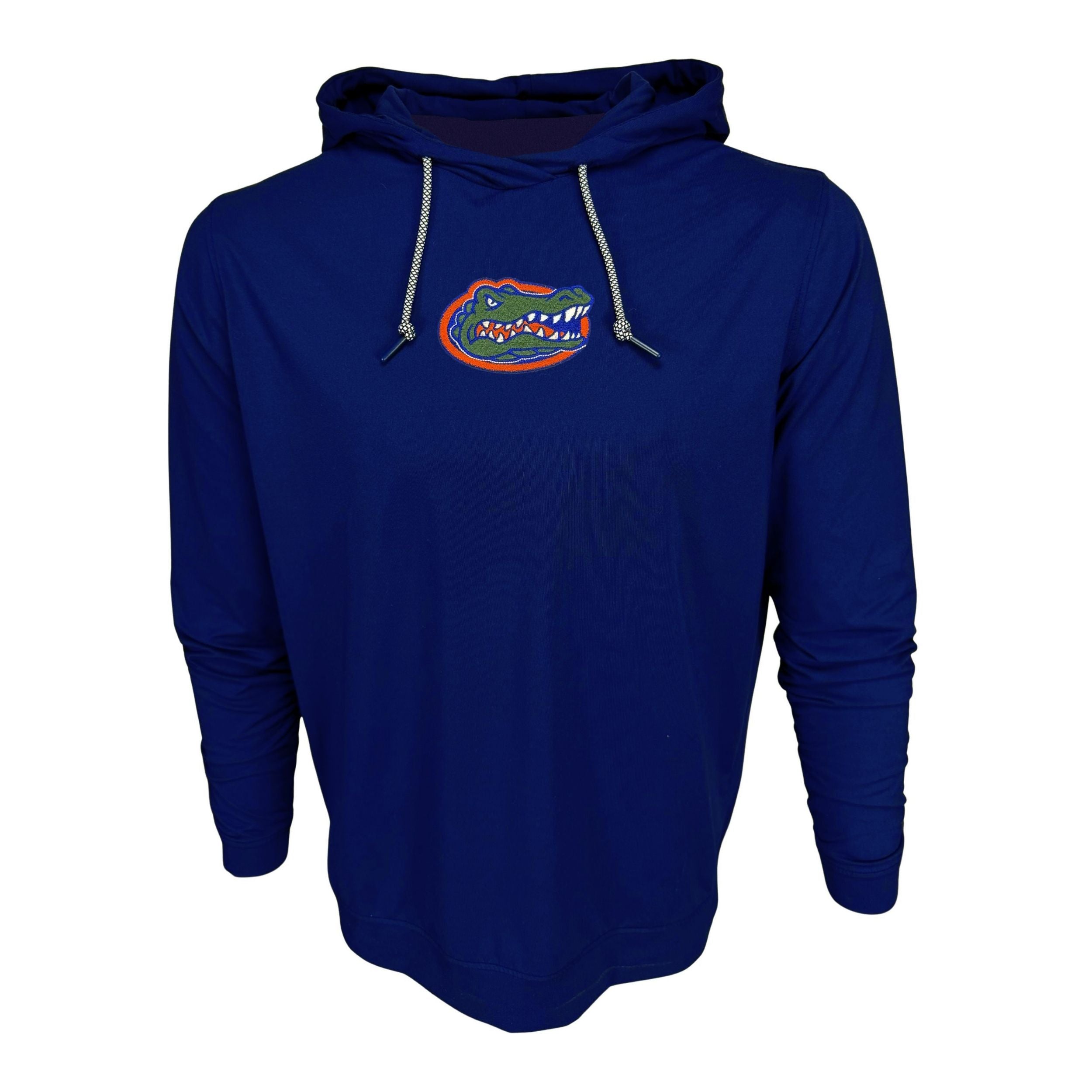 Blue hoodie with a logo on the chest against a white background