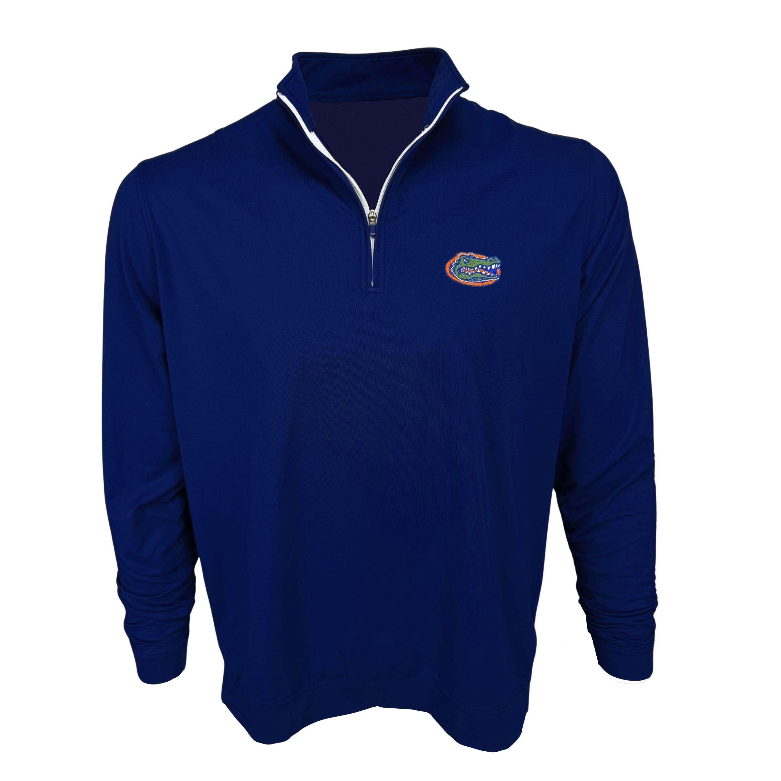 Blue pullover with a logo on a white background