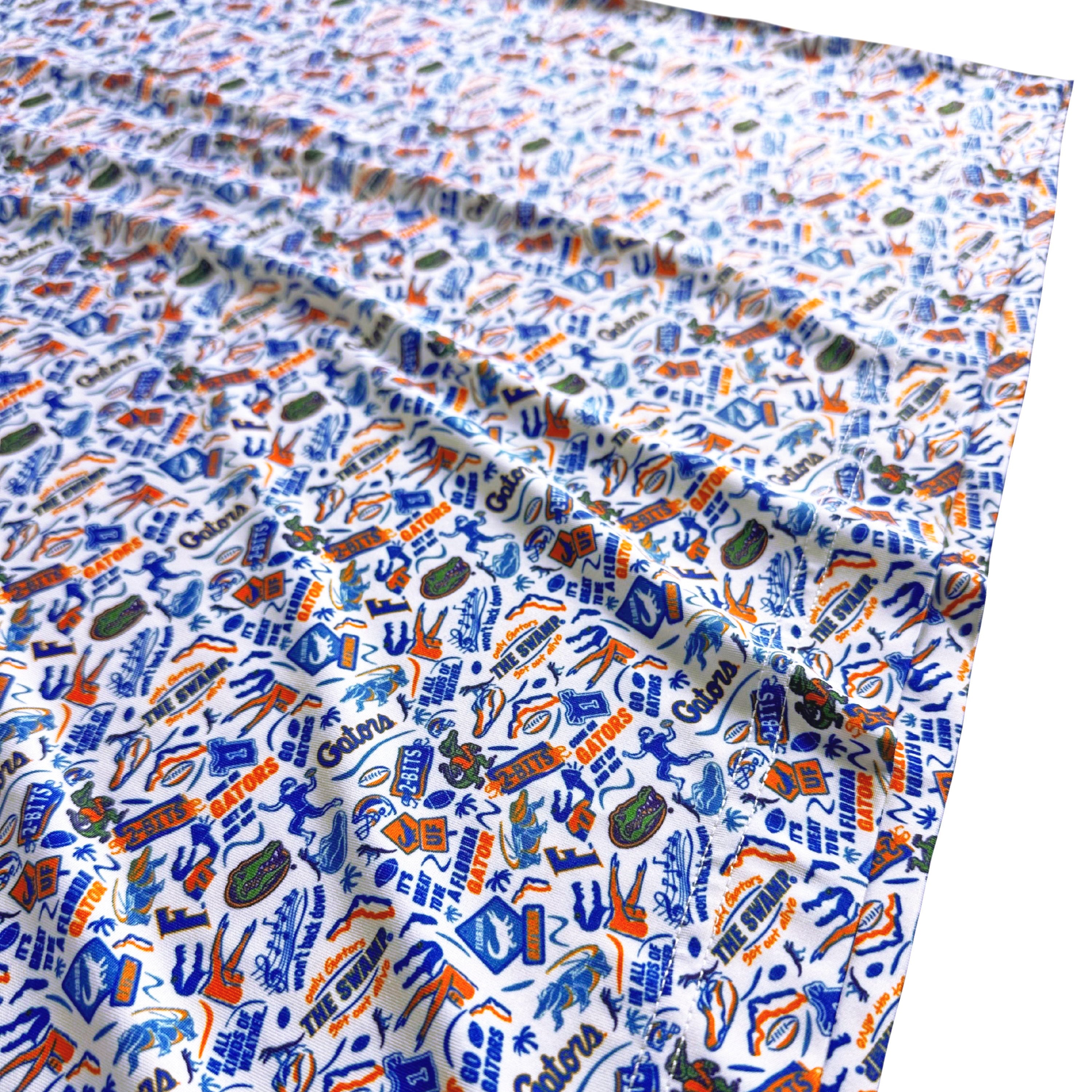 Patterned fabric with colorful design on a white background