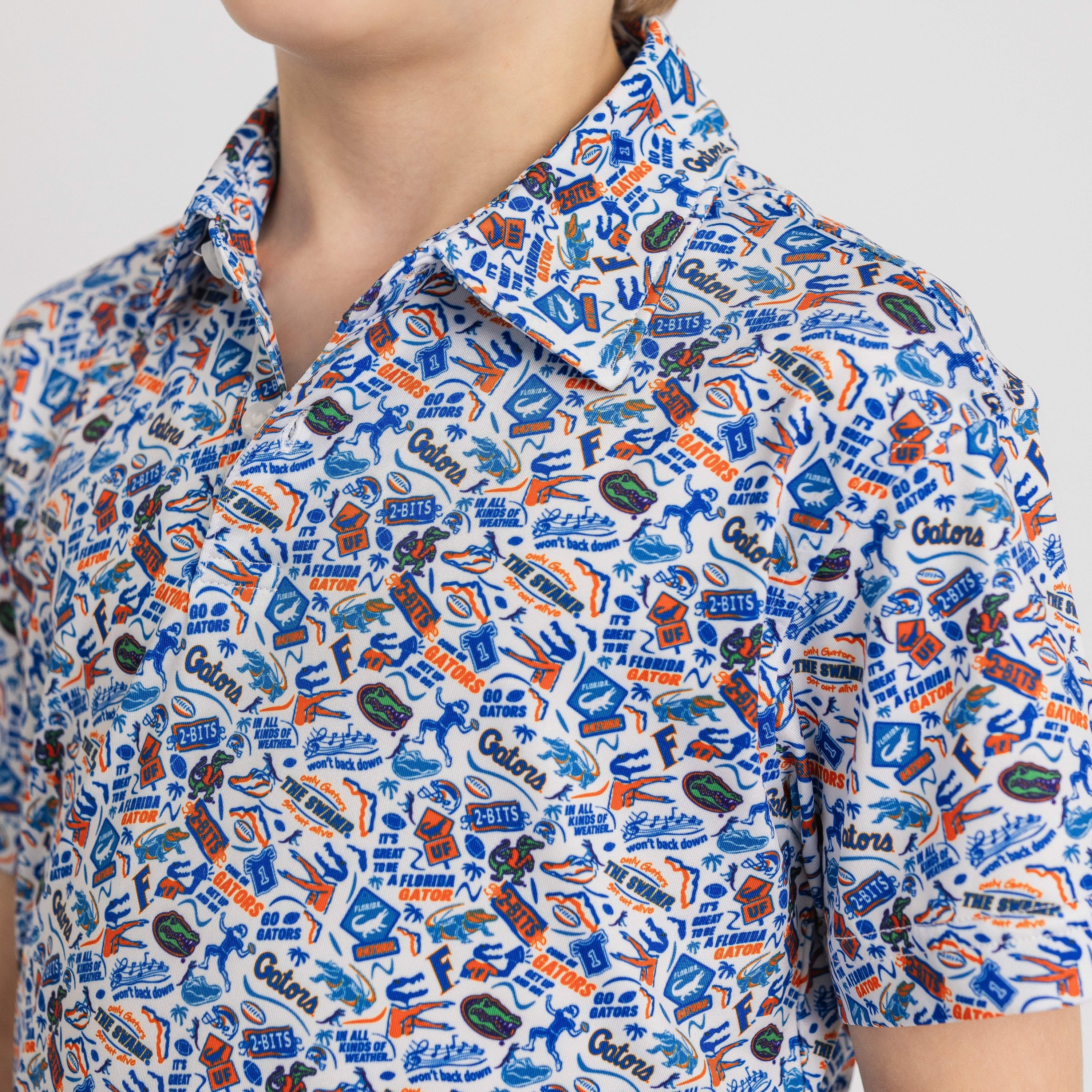 Short-sleeve shirt with colorful pattern on a plain background