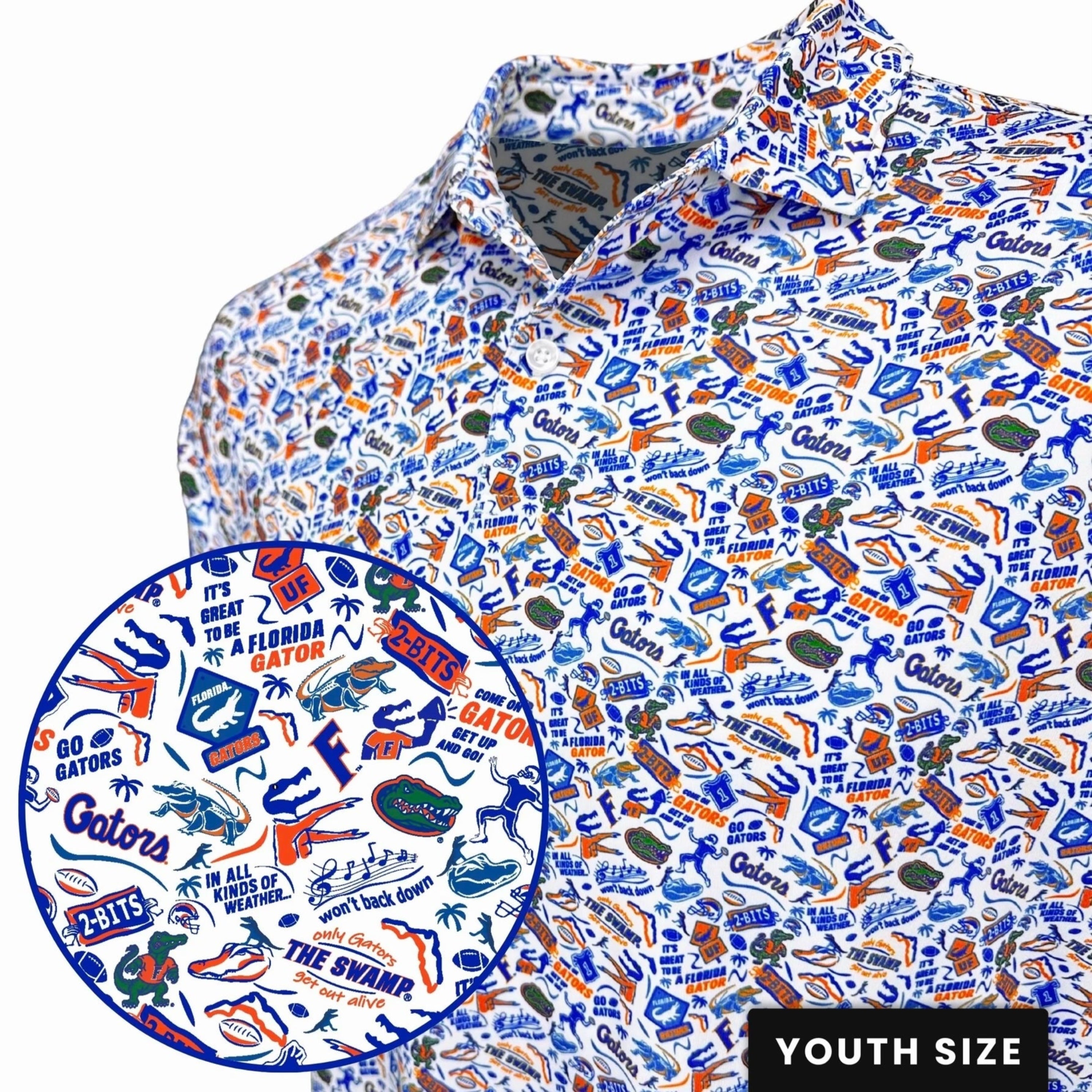 Shirt with Florida Gators pattern and close-up of design on a white background