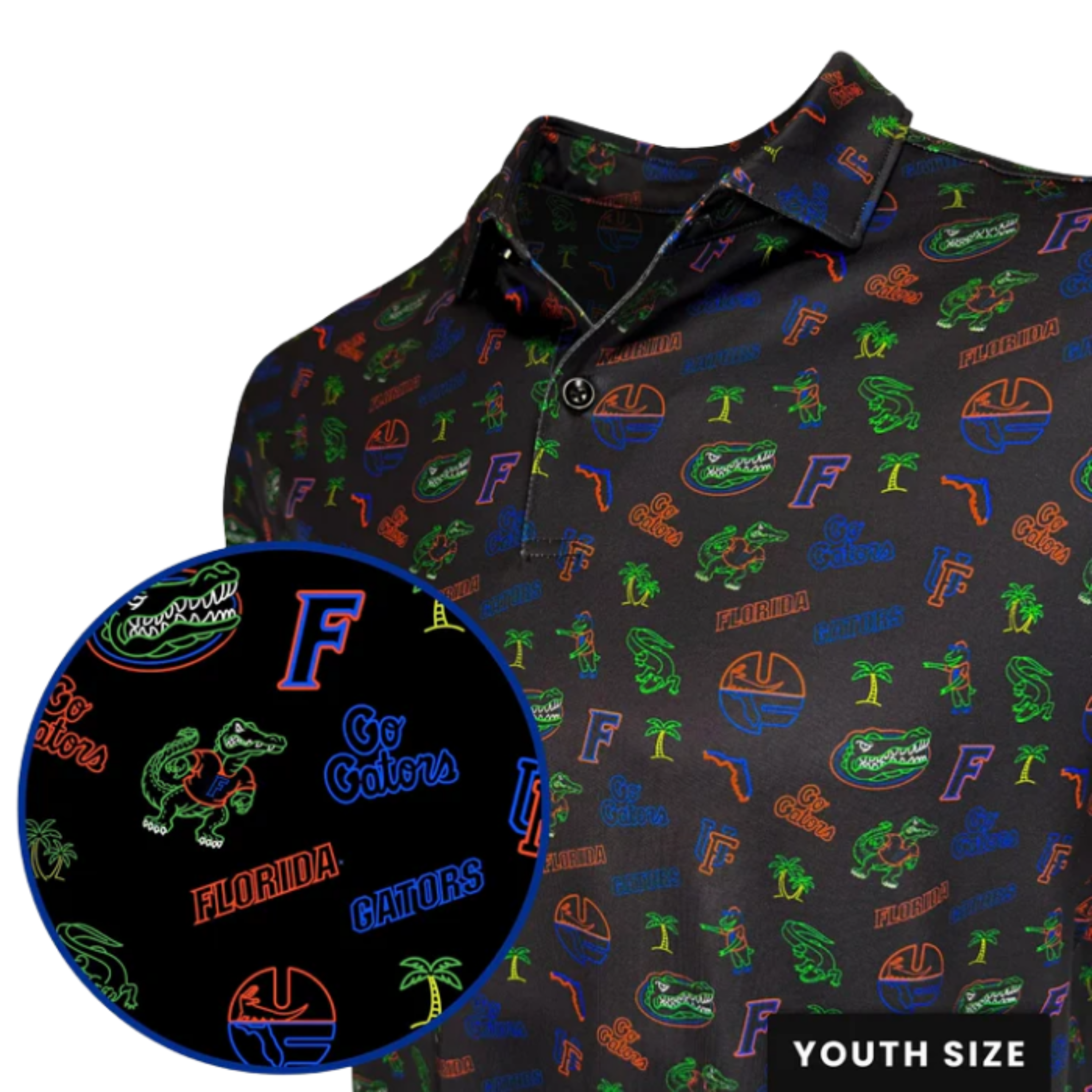Polo shirt with colorful Florida Gators pattern on a dark background