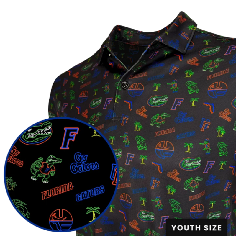 Polo shirt with colorful Florida Gators pattern on a dark background