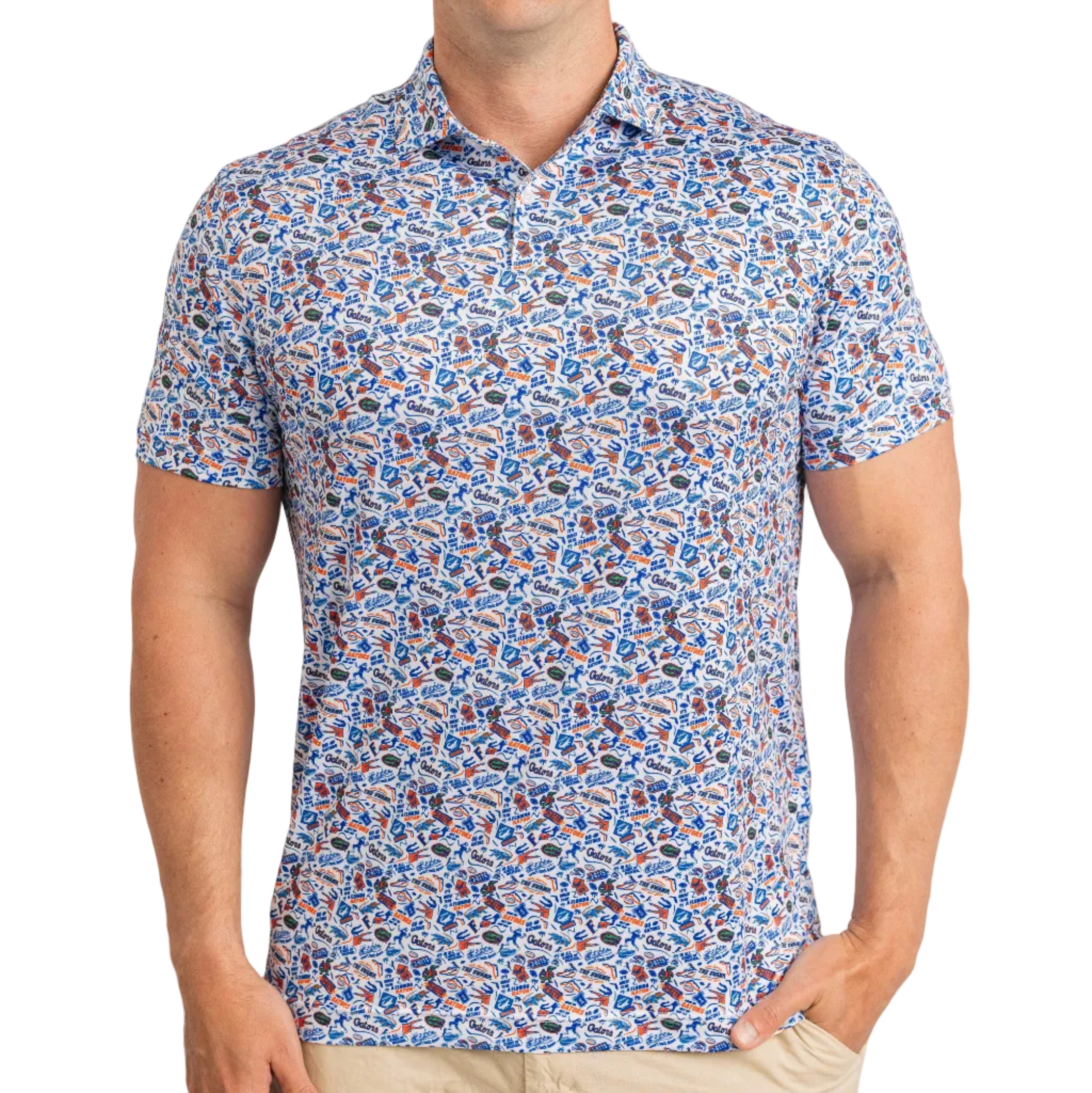 Man wearing a patterned short-sleeve shirt on a plain background