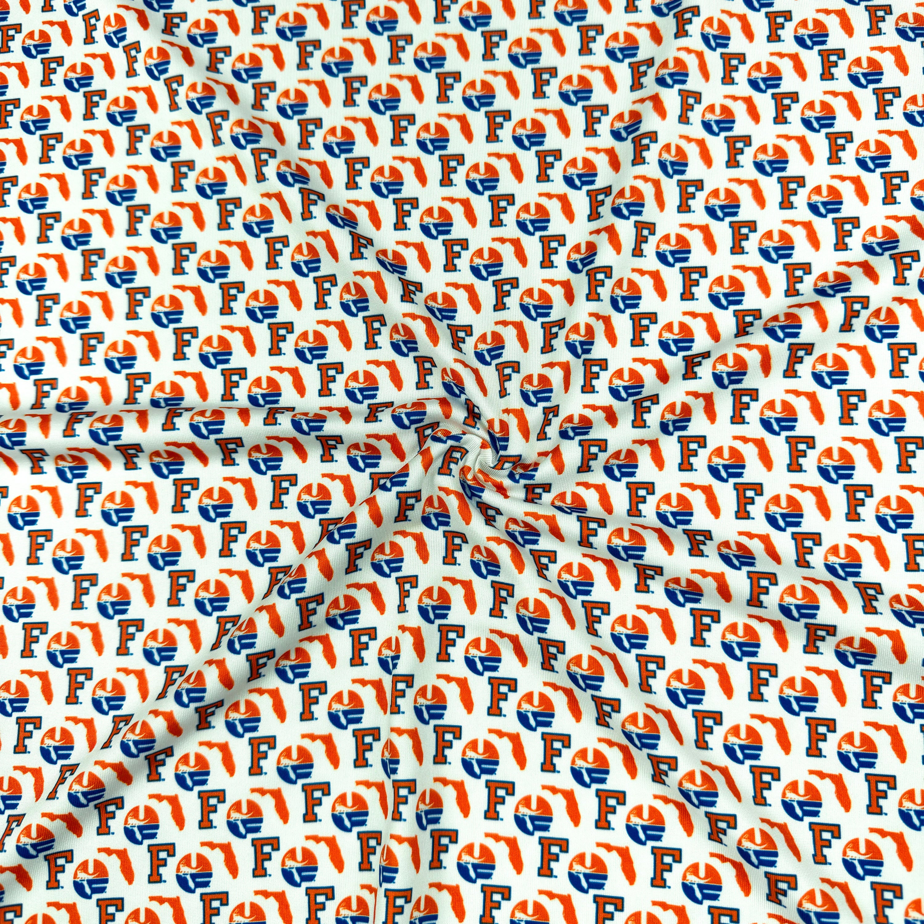 Pattern of orange and blue 'F' logos on a white background