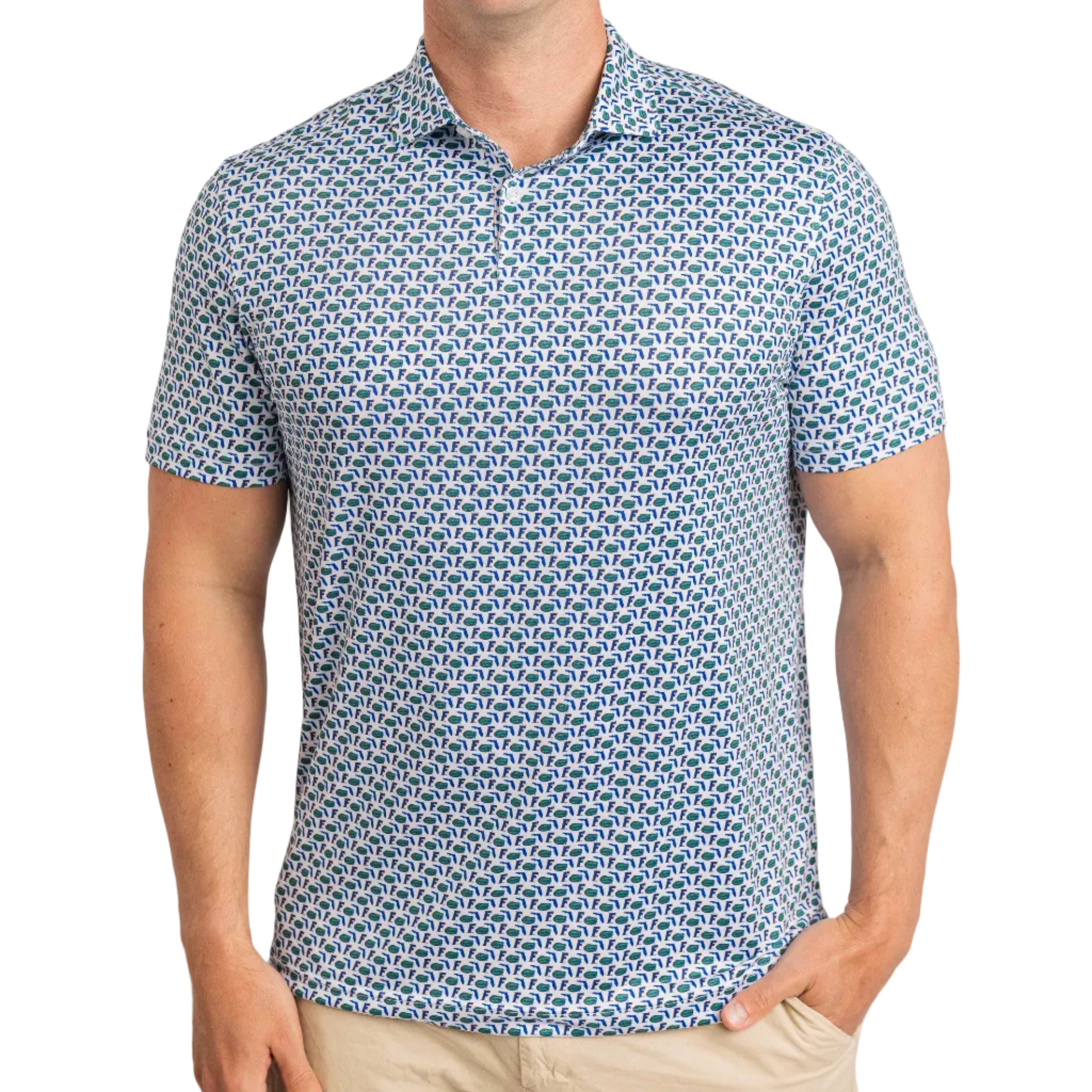 Man wearing a patterned blue and white polo shirt on a gray background