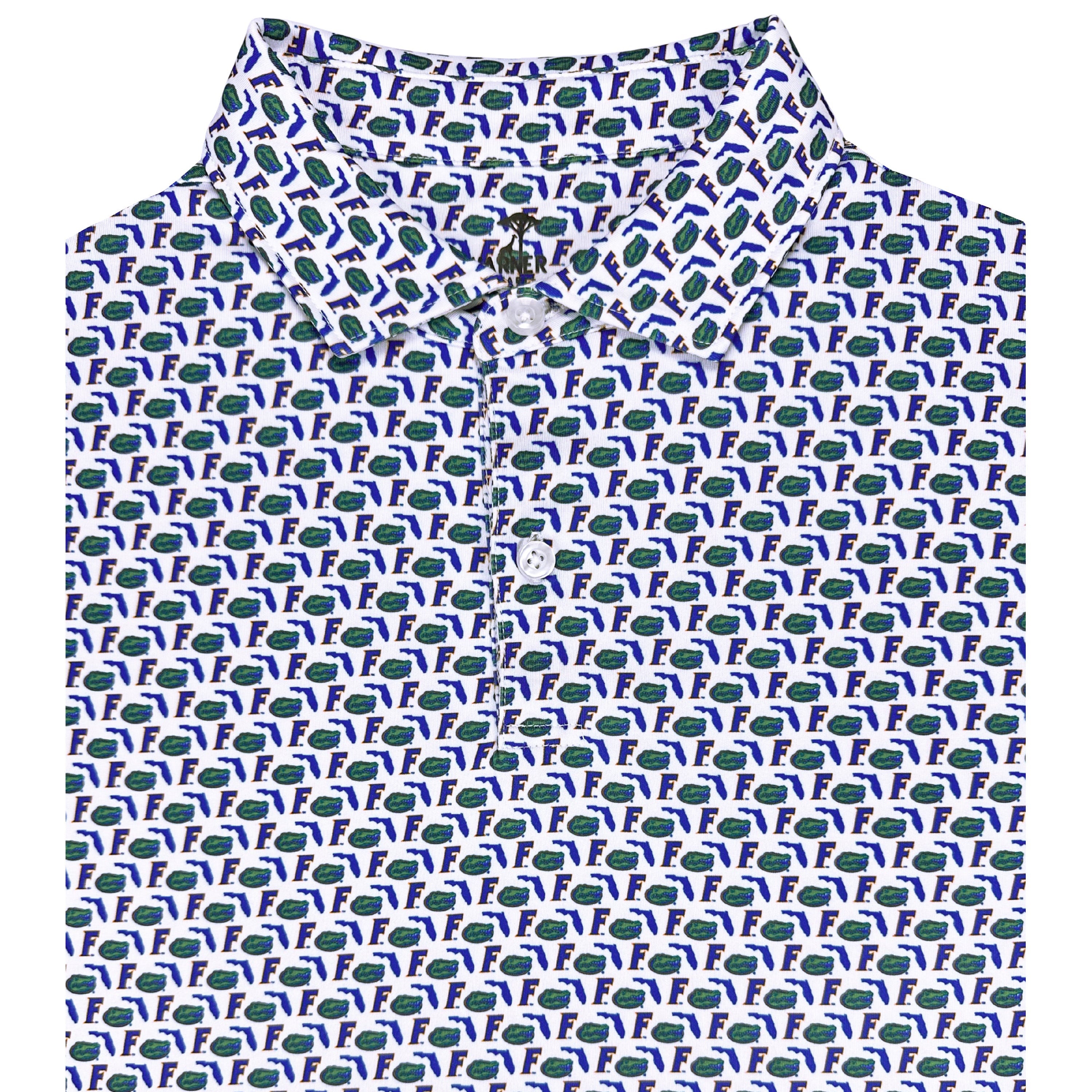 Polo shirt with a blue and green pattern on a white background