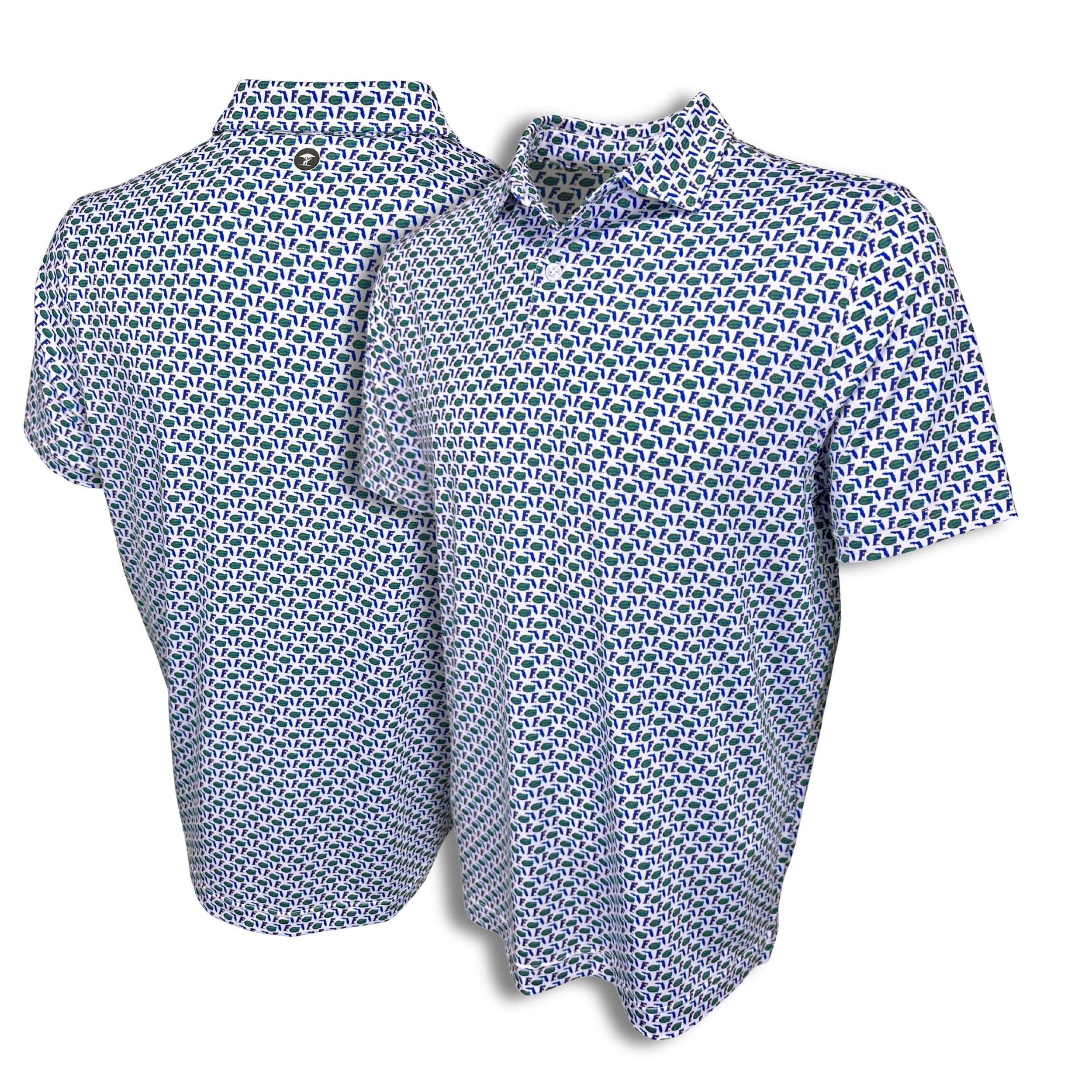 Blue and green patterned shirt on a white background
