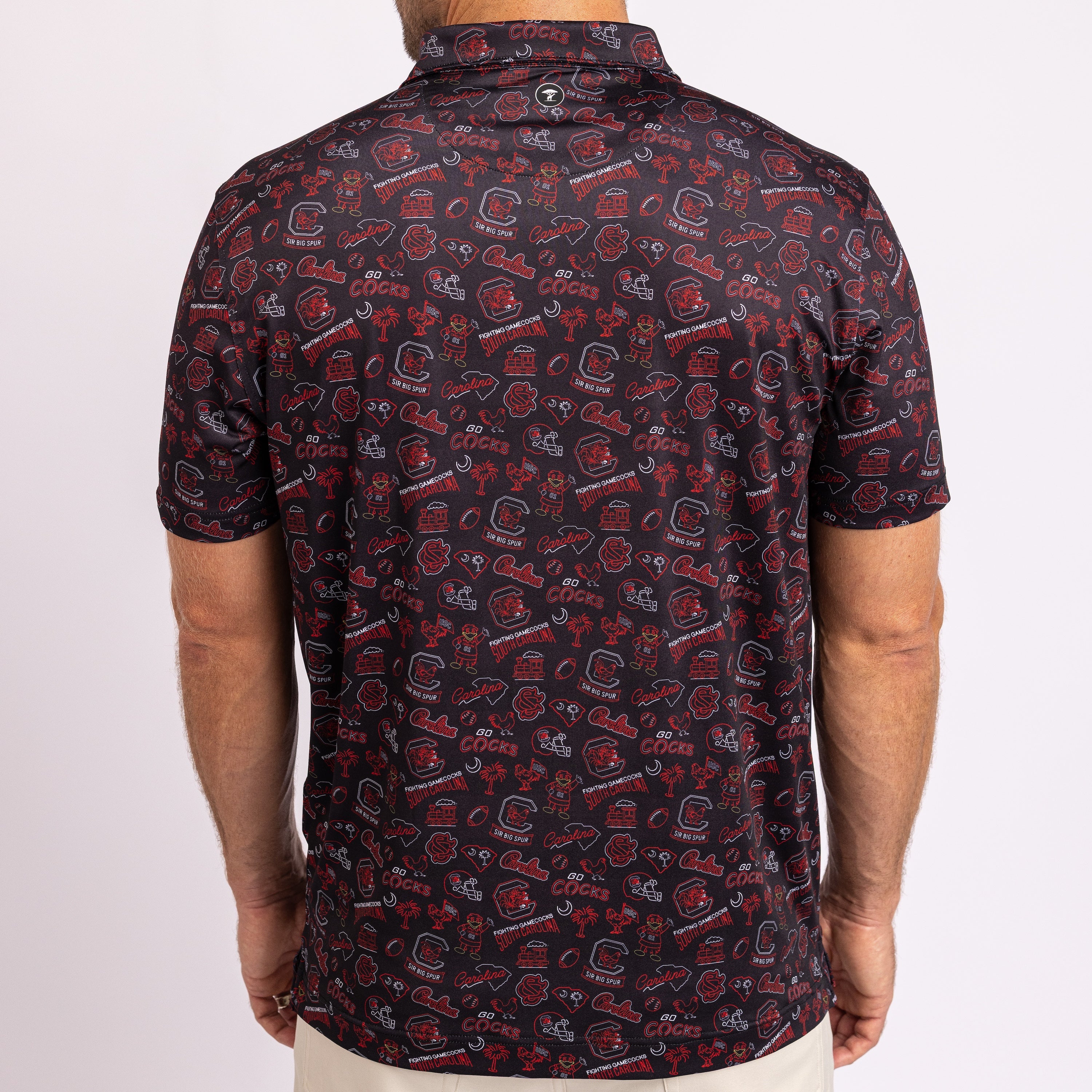 A man viewed from the back wearing a short-sleeve collared button-up shirt with an all-over red and white