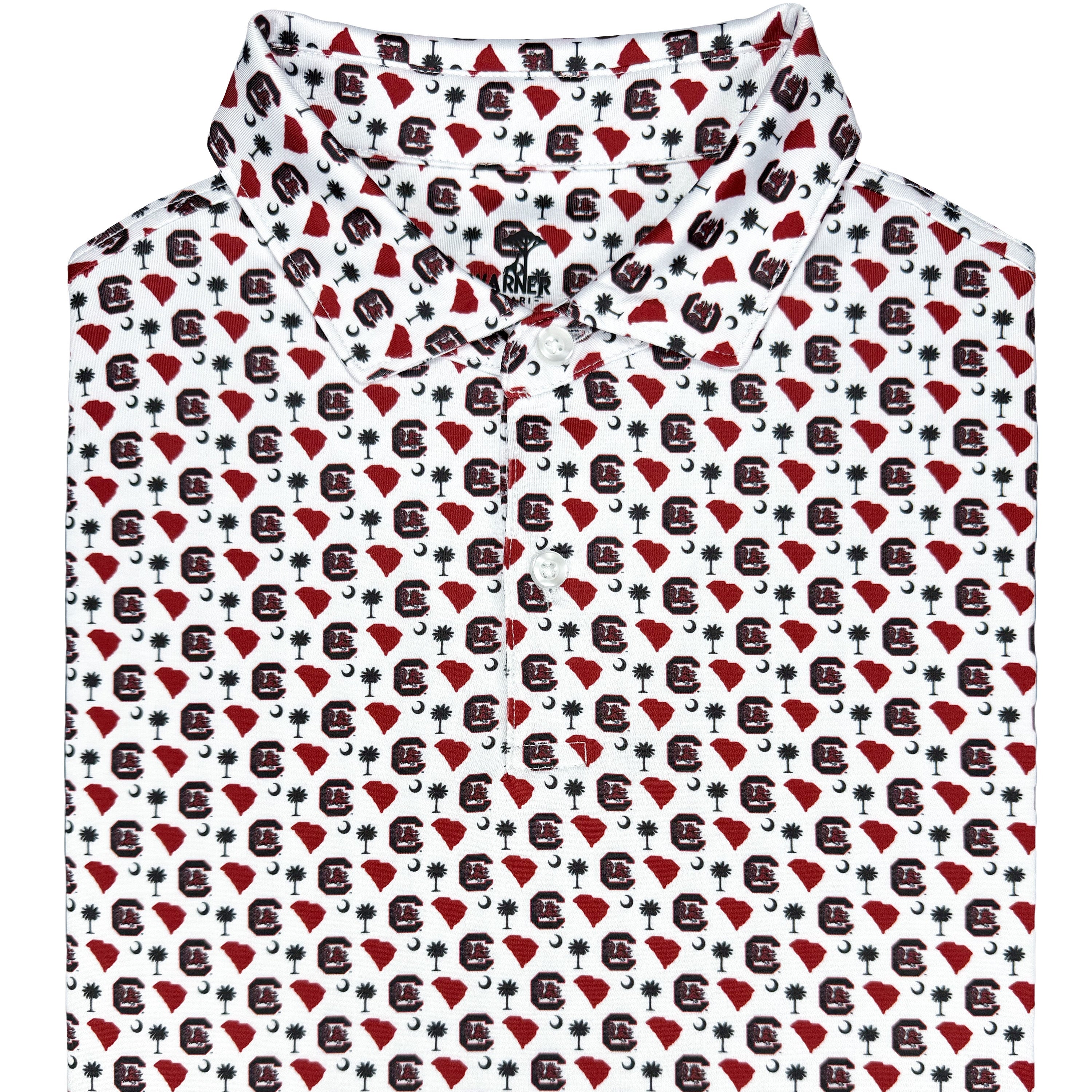 Patterned shirt with red and black design on a white background