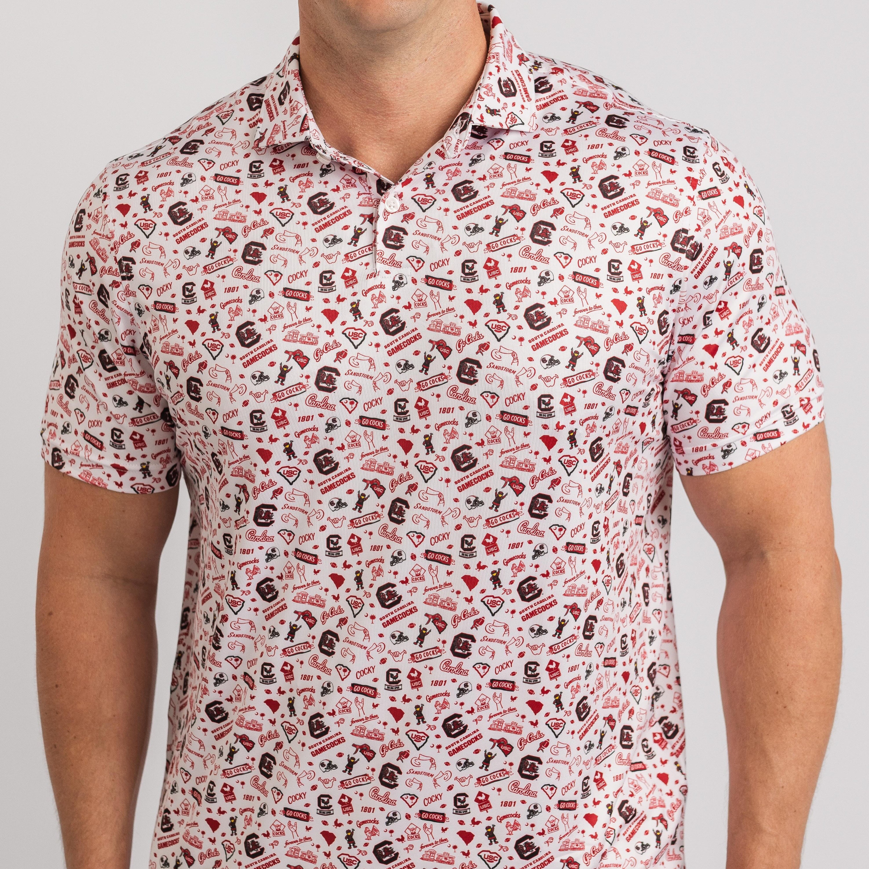 Person wearing a patterned short-sleeve polo on a plain background