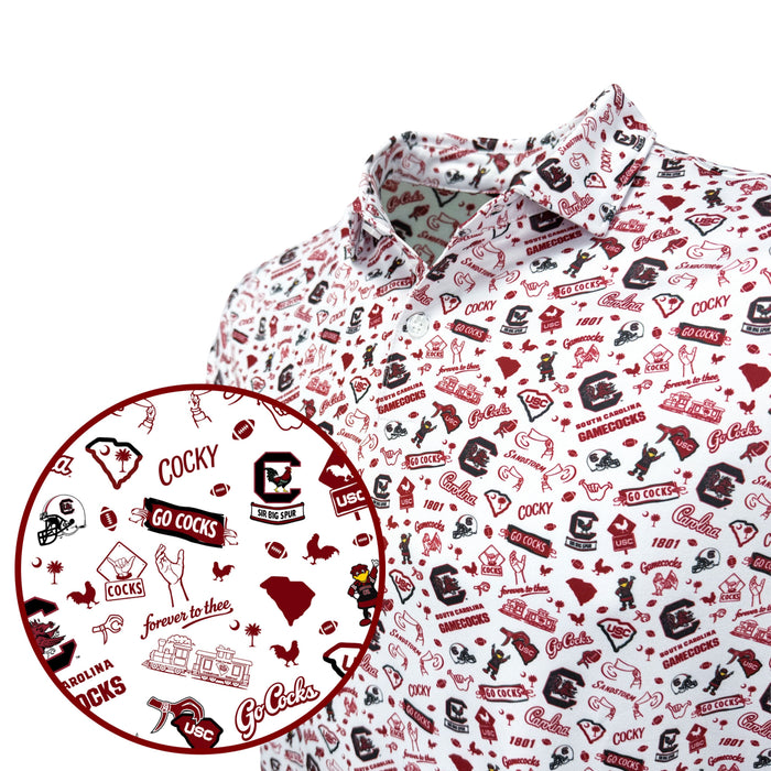 White shirt with red and black pattern on a white background